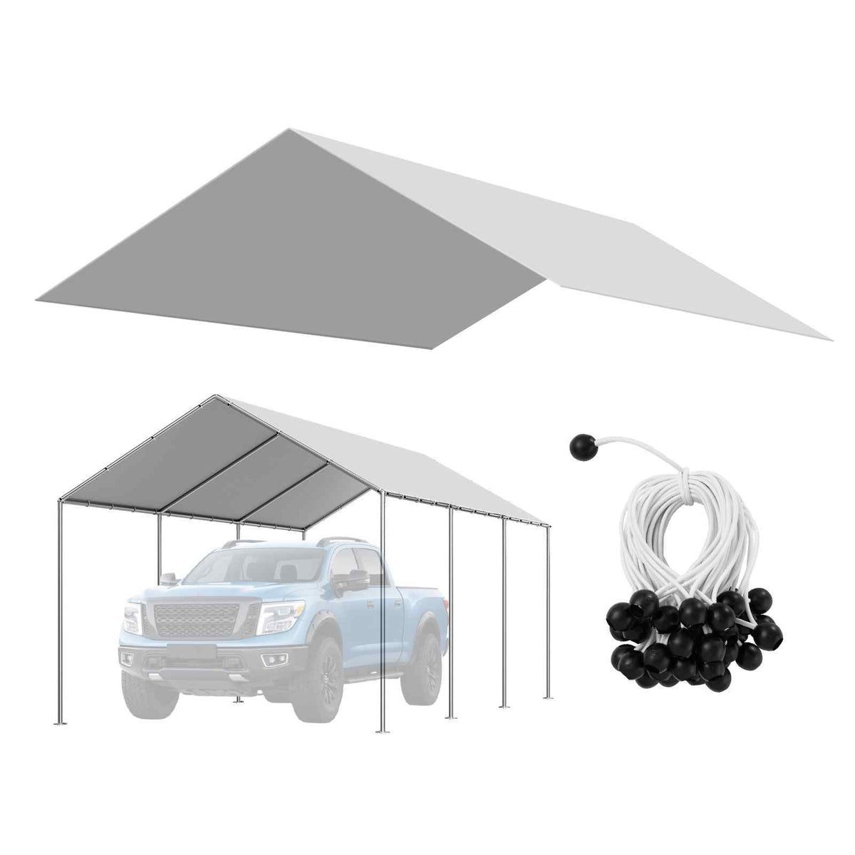Carport Replacement Canopy, 10 x 20 ft Potable Garage Tent Top Tarp, UV-Resistant & Waterproof Car Shelter Tarp, Heavy Duty Car Port Cover with Ball Buggees, Grey, Frame Not Included