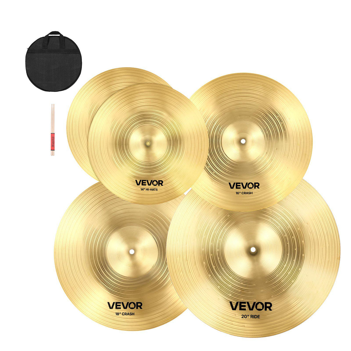 Cymbal Pack, 4 Pieces Cymbals for Drum Set, Alloy Cymbals Drum Set Includes 14-inch Hi-Hats, 16-inch Crash, 18-inch Crash, 20-inch Ride, Drumsticks & Cymbal Bag, Alloy Cymbal Pack for Drummer