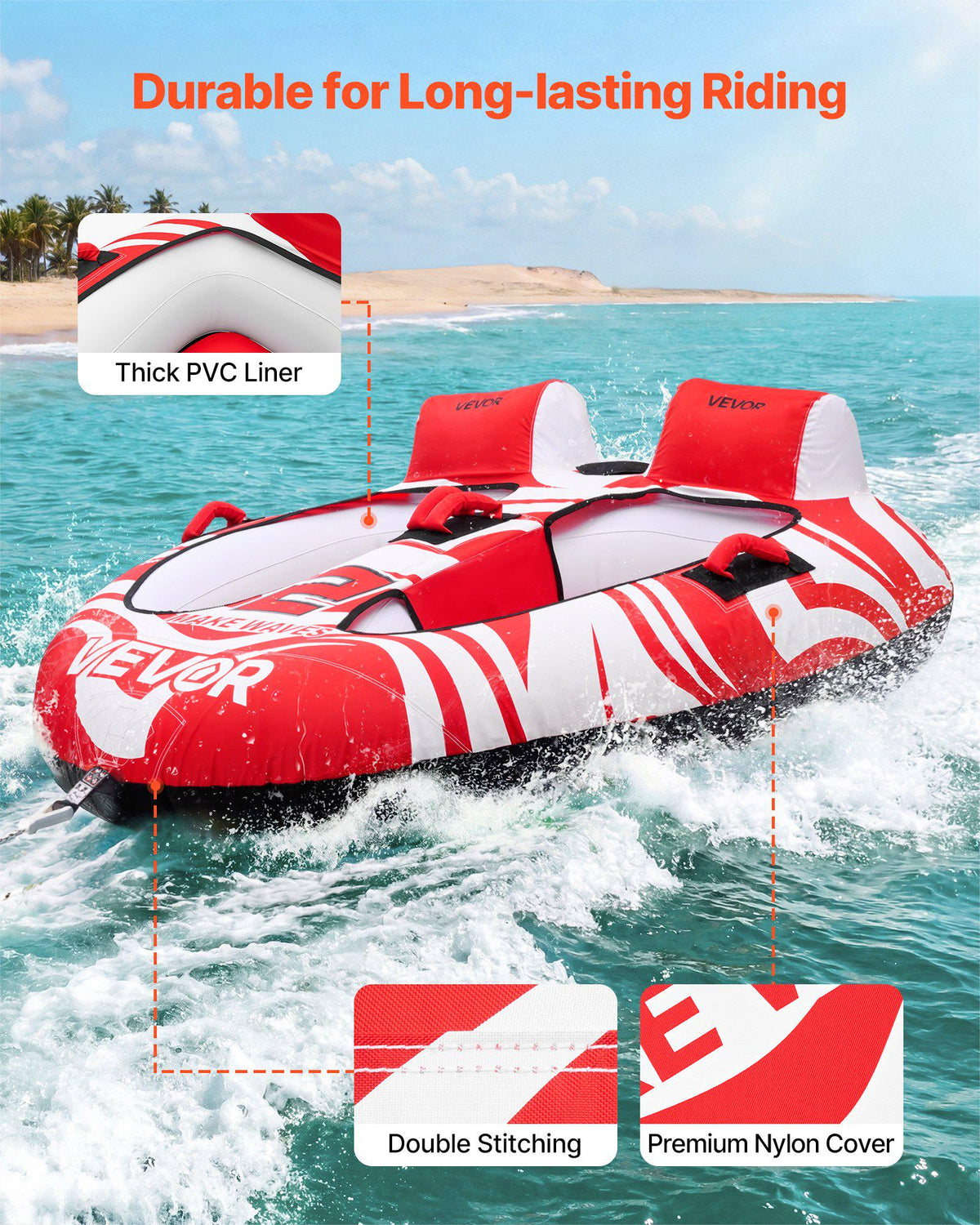 Towable Tubes for Boating, 2-Rider Inflatable Boat Tubes and Towables, 340 lbs Capacity Water Sport Tubes for Boat to Pull - with 2 Cockpits, Full Nylon Cover, Padded Grab Handles & Safety Valve