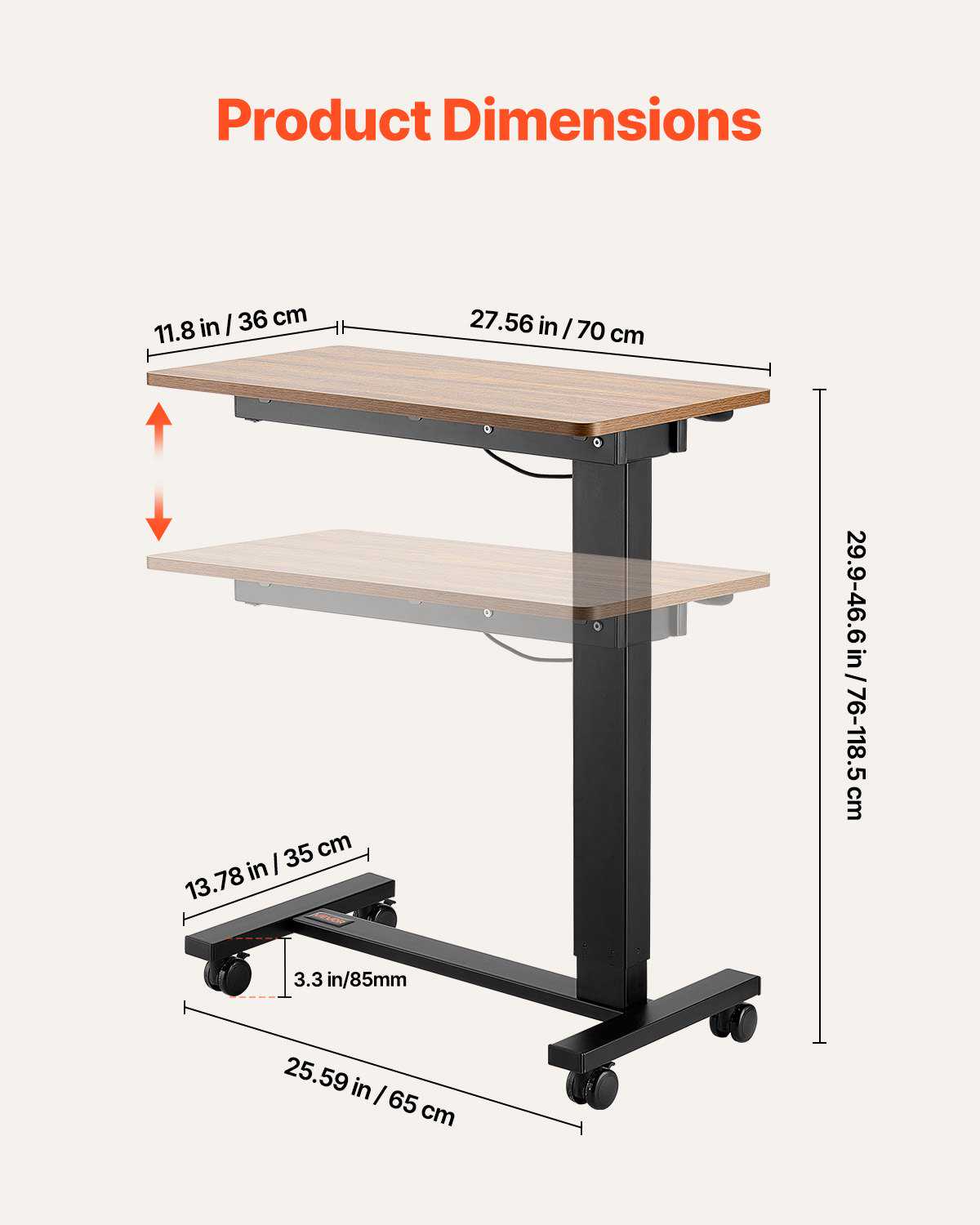 Overbed Table, Mobile Bed Side Table with 4 Wheels, Electric Lifting with Upgrade Button, Rolling Laptop Desk with Cup Holder, Height Adjustable Overbed Desk for Home, Office, Study, Wood+Black