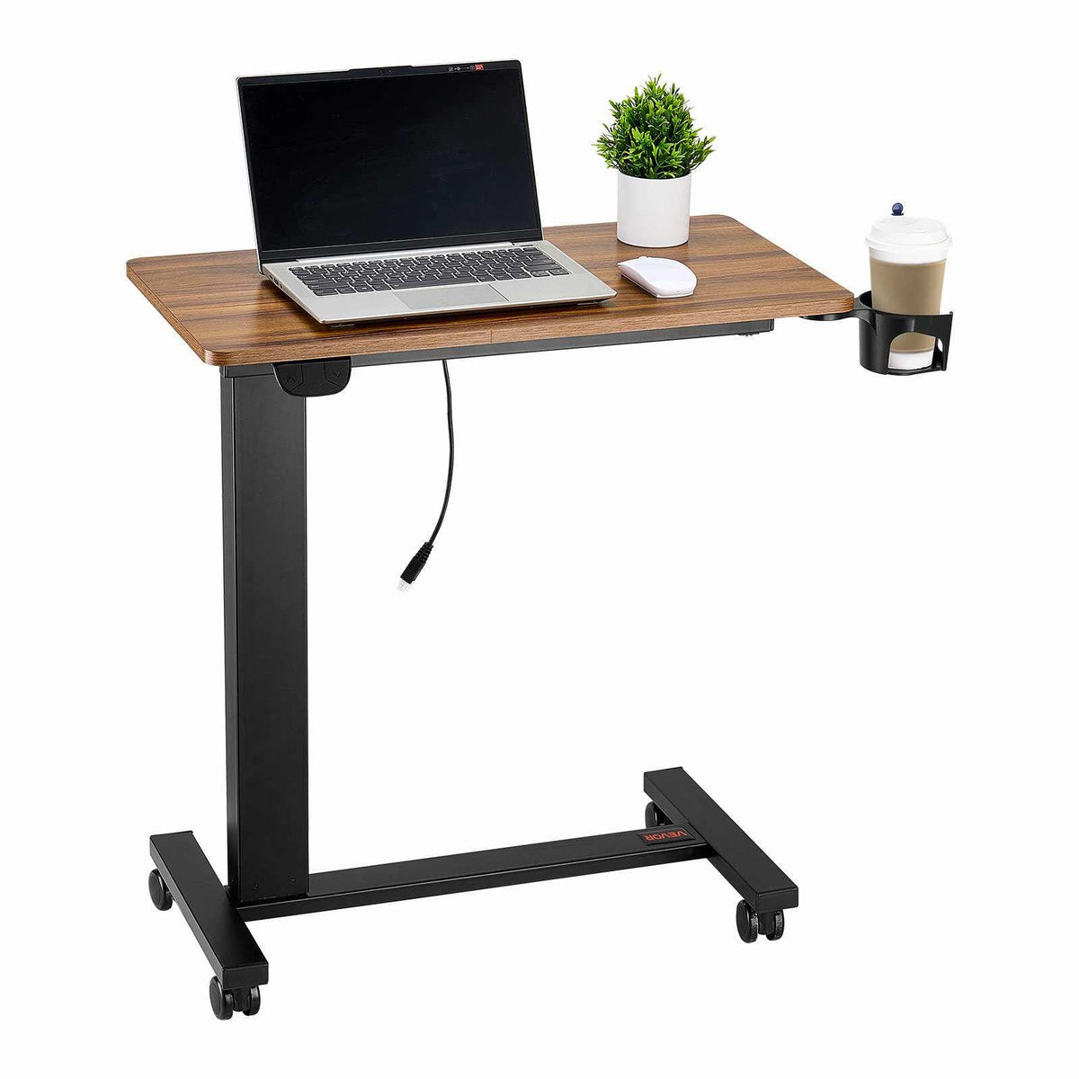 Overbed Table, Mobile Bed Side Table with 4 Wheels, Electric Lifting with Upgrade Button, Rolling Laptop Desk with Cup Holder, Height Adjustable Overbed Desk for Home, Office, Study, Wood+Black