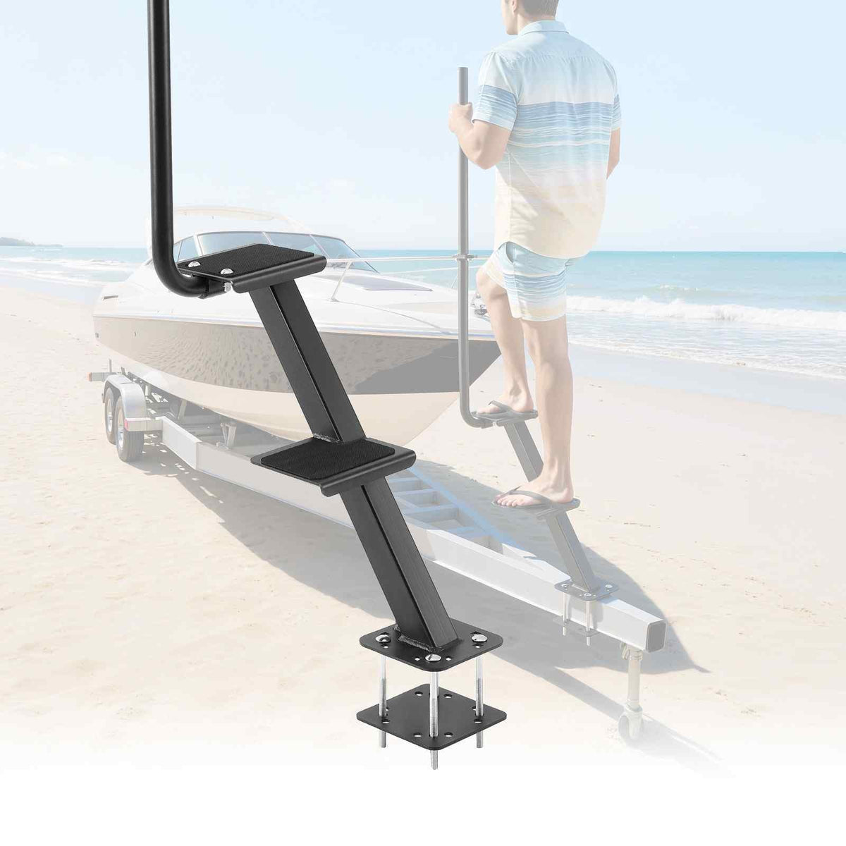 Boat Trailer Steps, 2-Step, Heavy-Duty Boat Trailer Steps with Handle, Non-Slip Surface, 3 Mounting Angle Options, Carbon Steel Ladder Suitable for 3" x 3"/3" x 5"/4" x 4" Frame, Bottom Mounting