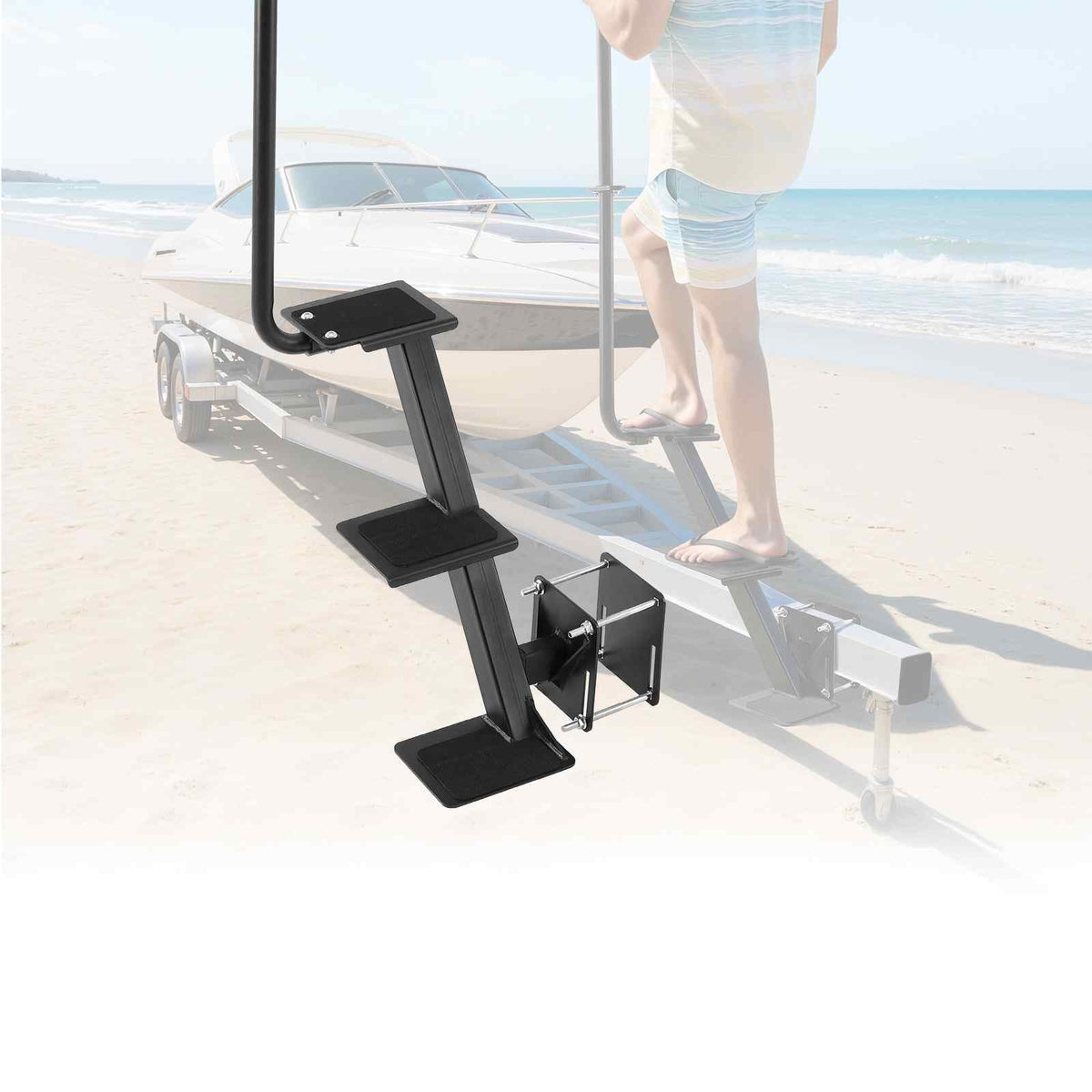 Boat Trailer Steps, 3-Step, Heavy-Duty Boat Trailer Steps with Handle, Non-Slip Surface, 3 Mounting Angle Options, Carbon Steel Ladder Suitable for 3" x 3"/3" x 5"/4" x 4" Frame, Side Mounting
