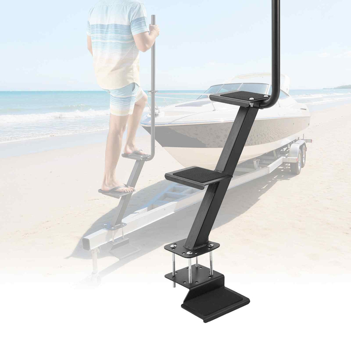 Boat Trailer Steps, 3-Step, Heavy-Duty Boat Trailer Steps with Handle, Non-Slip Surface, 3 Mounting Angle Options, Carbon Steel Ladder Suitable for 3" x 3"/3" x 5"/4" x 4" Frame, Bottom Mounting