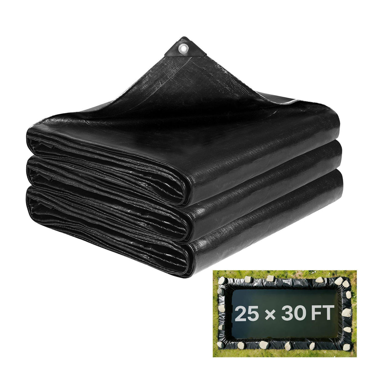 25 x 30 ft Pond Liner, 14 Mil Thickness, 3-Layer Reinforced PE Fish Koi Pond Liner for Outdoor Ponds, with Hemmed Edge and 4 Metal Buttonholes, for Water Garden, Waterfall, and Fountains, Black