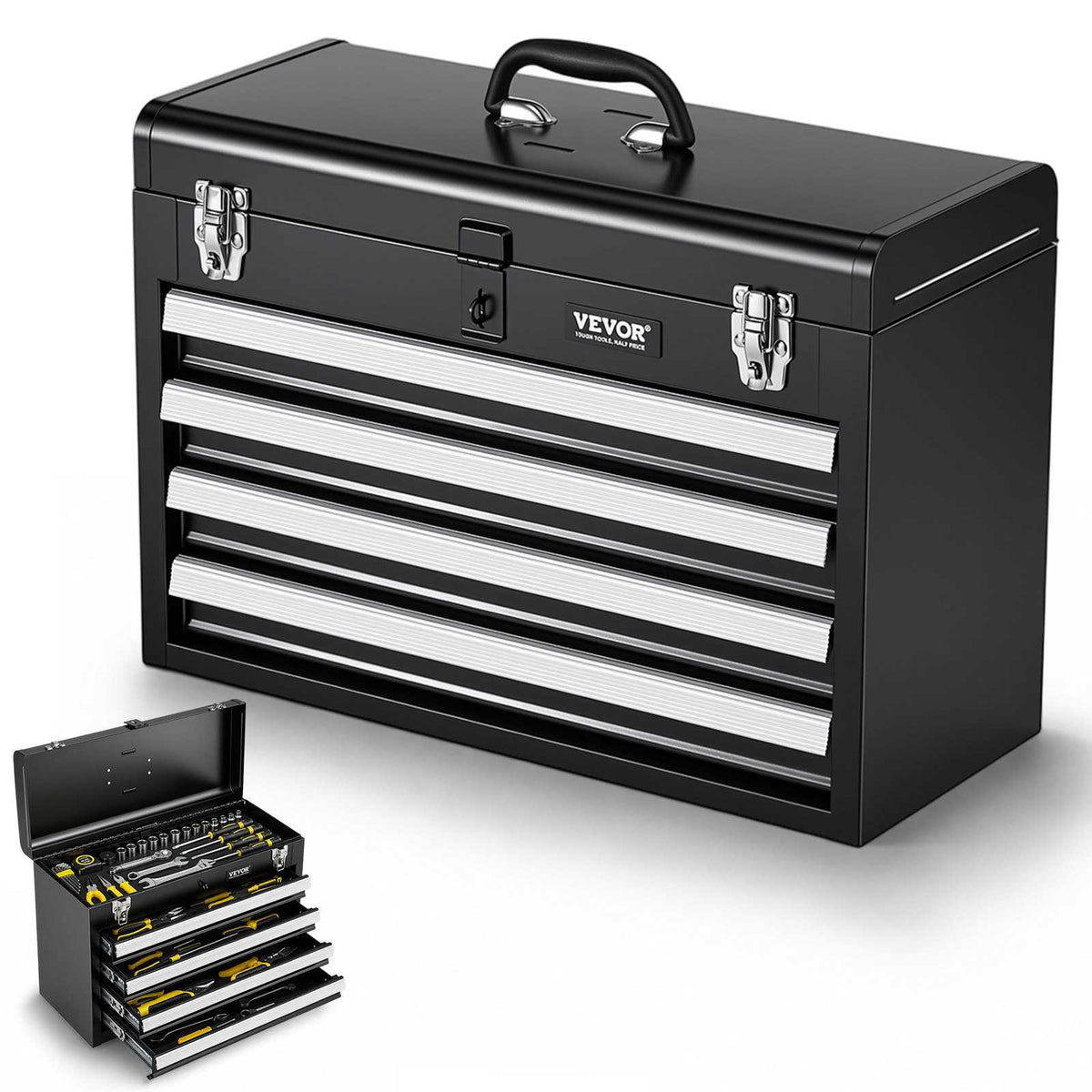 Metal Tool Box, 20.5-inch, Portable Metal Tool Box with 4 Drawers, Small Tool Chest with EVA Liners, Ball Bearing Slide Drawers Locking & Powder Coated Finish, Multi-Function Tool Organizer
