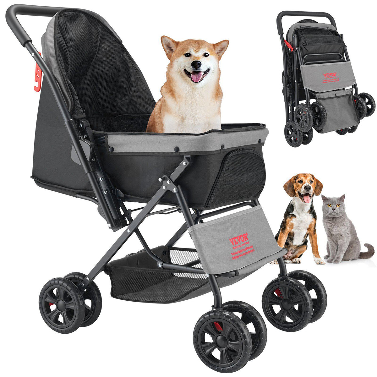 Pet Stroller, 44 lbs Weight Capacity, Foldable Dog Stroller Cart, 4 Wheels Cats Stroller with Mesh Windows & Revrsible Handle, Portable Pet Carrier Stroller with Brake, for Small to Medium Pets