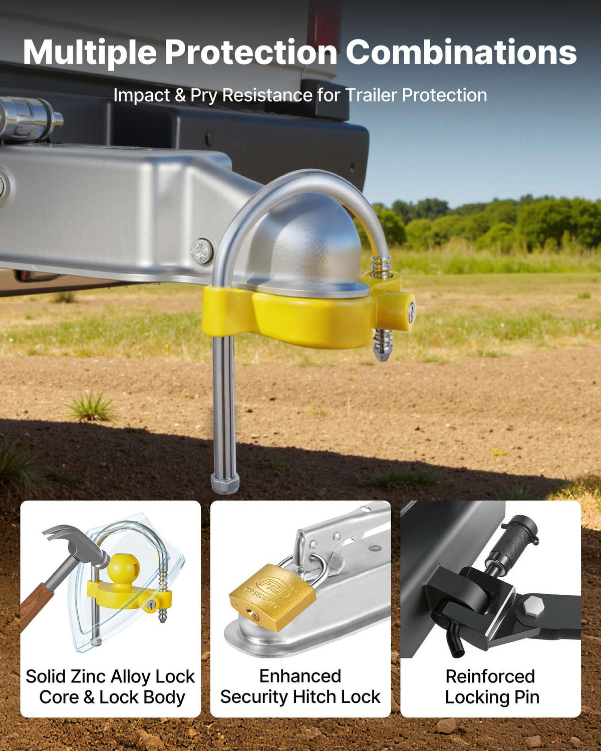 Trailer Hitch Lock Kit, Fits for 1-7/8 in, 2 in, 2-5/16 in Couplers, Heavy-Duty Anti-Theft Trailer Ball Lock with Keys, Prying-Resistant, Adjustable Height Design for RVs, Boats, Trailers