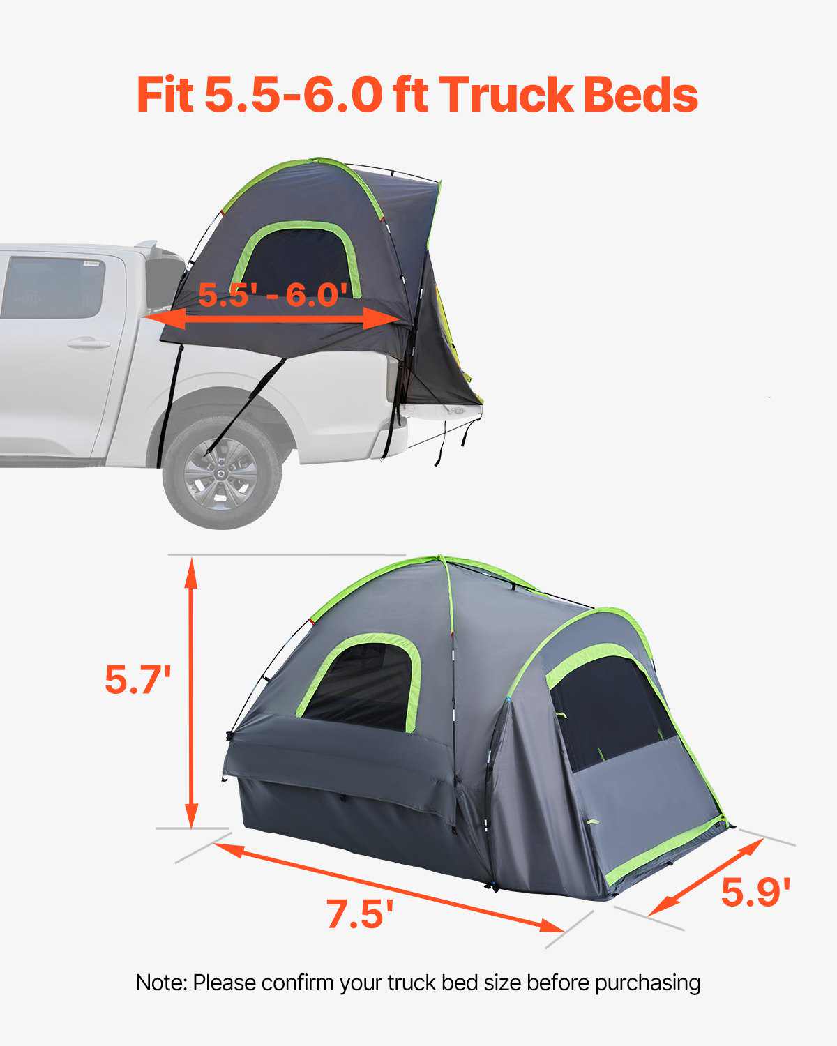 Pickup Truck Tent, Fit 5.5-6.0 ft Truck Tents for Camping, Waterproof PU2000mm 2-3 Person Sleeping Truck Bed Tent with Double Layer Design Windows, Sturdy Truck Bed Camper Shell with Storage Bag