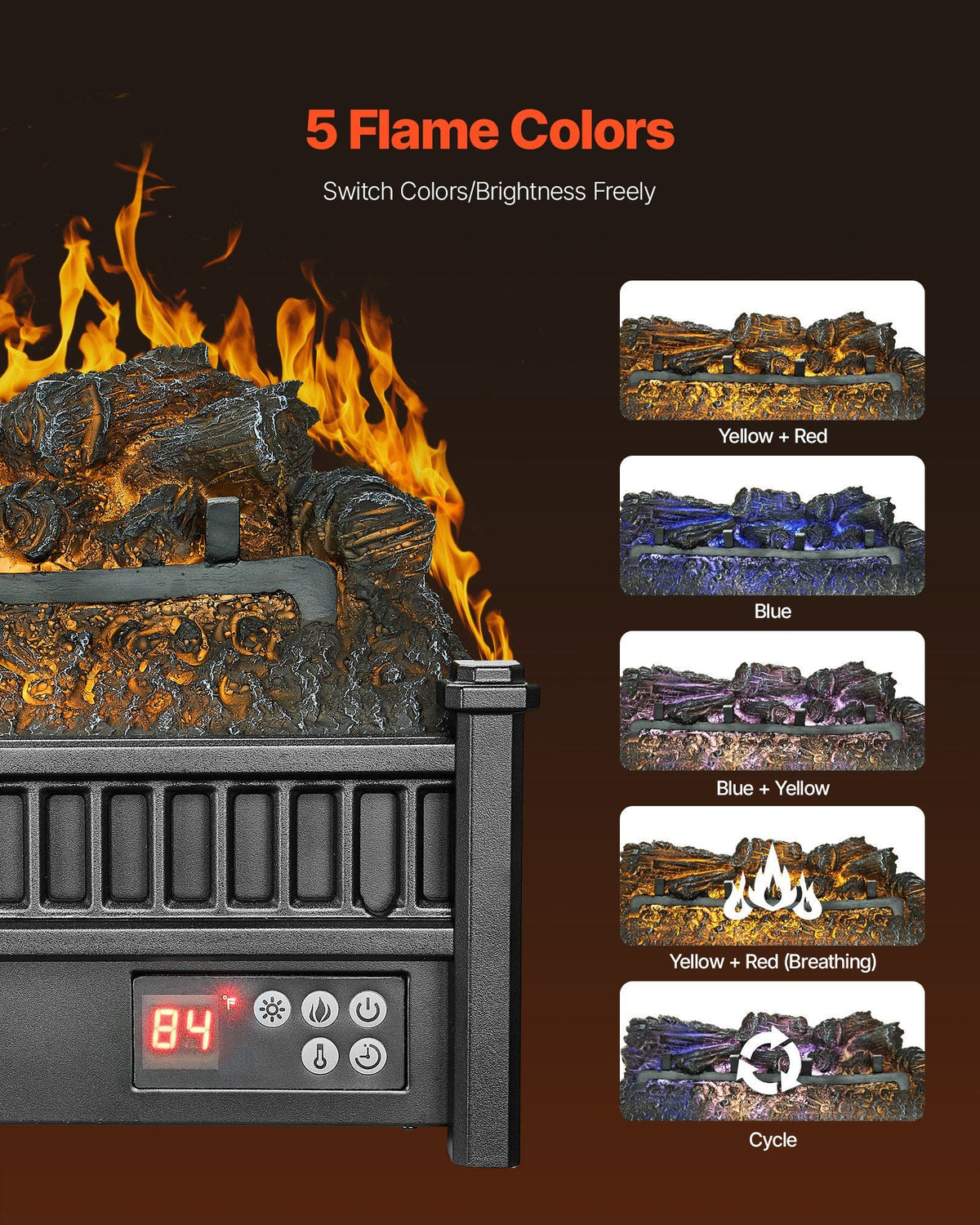 Electric Fireplace Log, 20 inch Fireplace Insert Log Heater, with Remote Controller, 5 Adjustable Flame Brightness, 24H Timer, Overheat Protection, Thermostat, for Home and Office Decor Black
