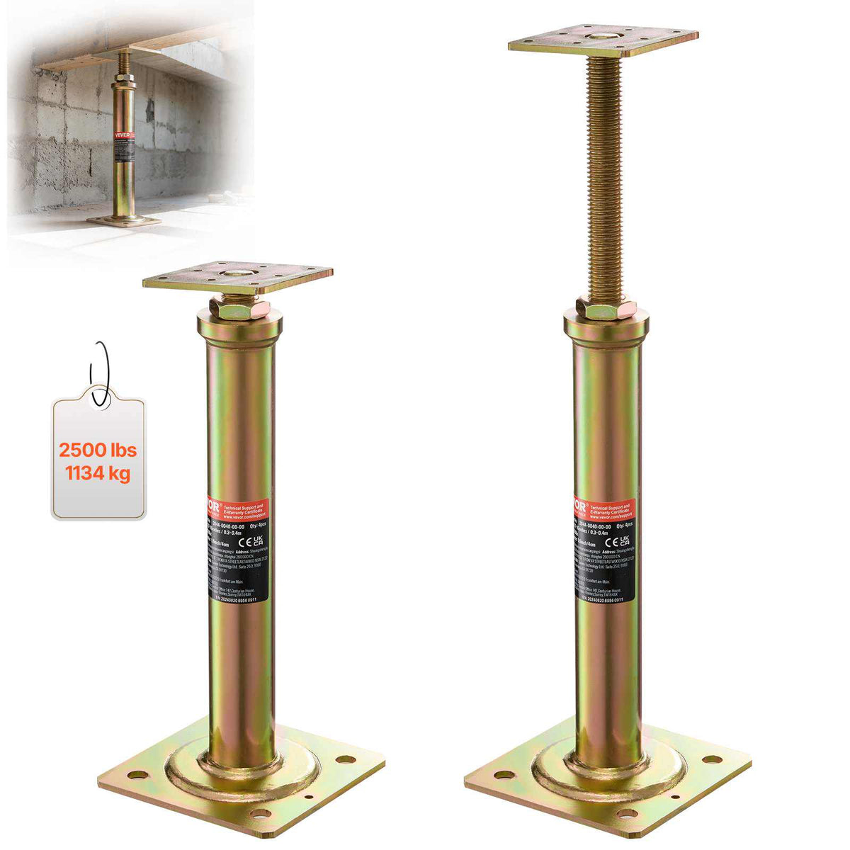 House Floor Jacks, 4 Pack, 11.6"-16" Height Range, 2500 lbs Max Load Capacity Per Unit, Adjustable Support Beam Basement Jack Post for Leveling, Galvanized Telescoping Jack for Temporary Support