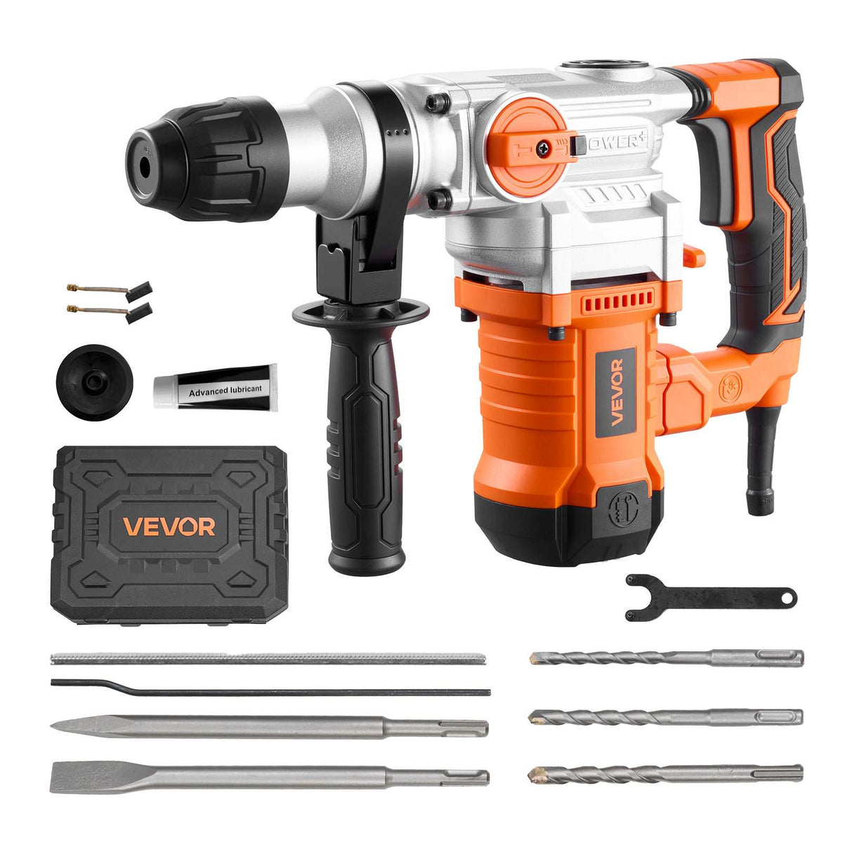 Rotary Hammer Drill, 1-1/8 in SDS-Plus Electric Corded Heavy Duty Rotary Hammer, Including 3 Drill Bits, Flat Chisel, Pointed Chisel, Grease, Brush, and Carrying Case, for Concrete and Masonry