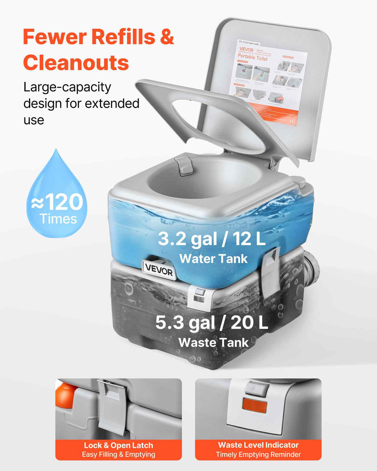 Portable Toilet, 5.3 Gallon Detachable Waste Tank, 120 Flushes, Camping Toilet for Adults, Outdoor Travel Potty with Level Indicator, Carry Bag, Suitable for RV Travel, Camping, Hiking, Boating