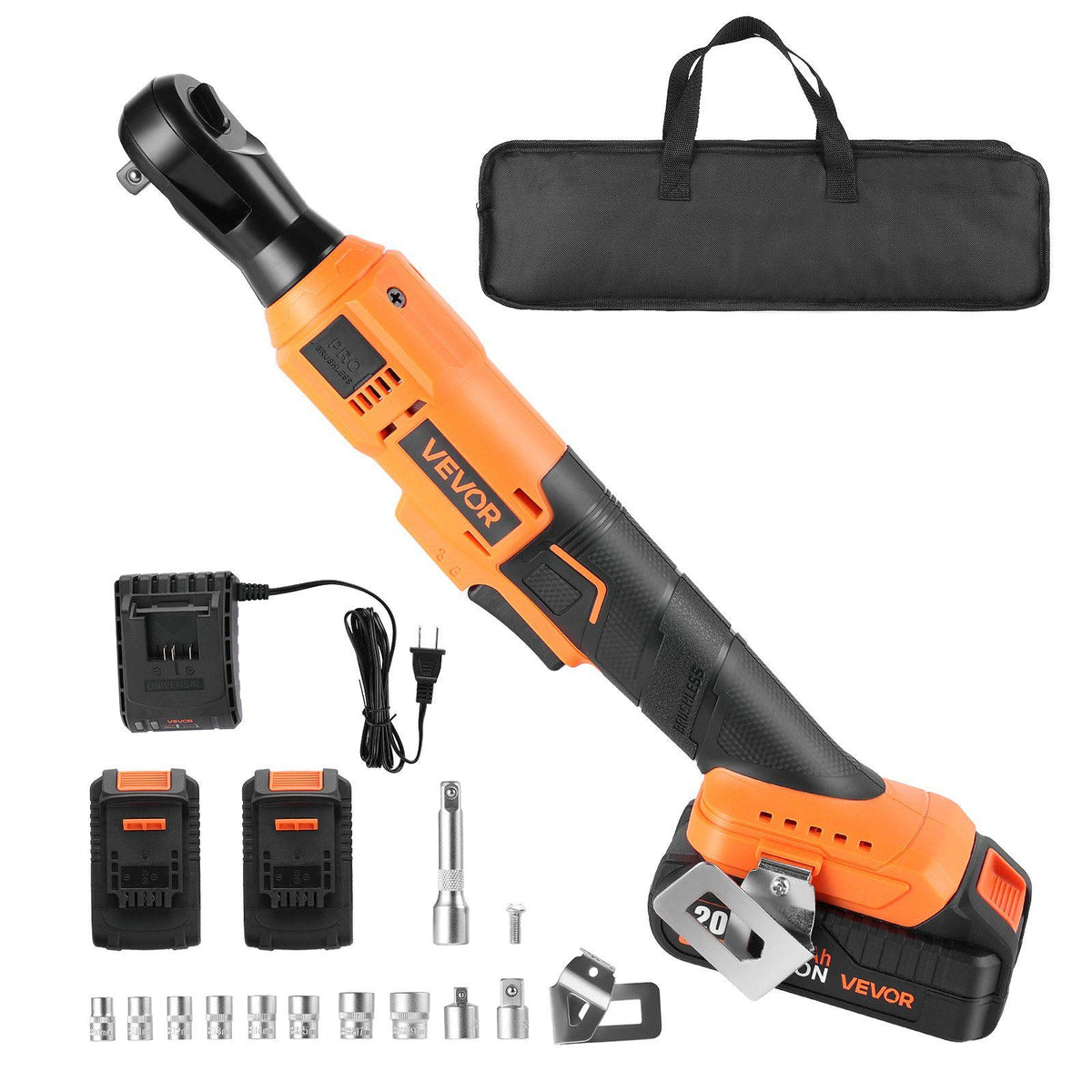 Cordless Ratchet Wrench, 3/8 inch Drive, 230 RPM, up to 88 ft-lbs of Torque, Battery Powered Electric Ratchet Wrench Set with Two 2.0Ah Batteries, Charger, Sockets, Adaptors and Cloth Bag