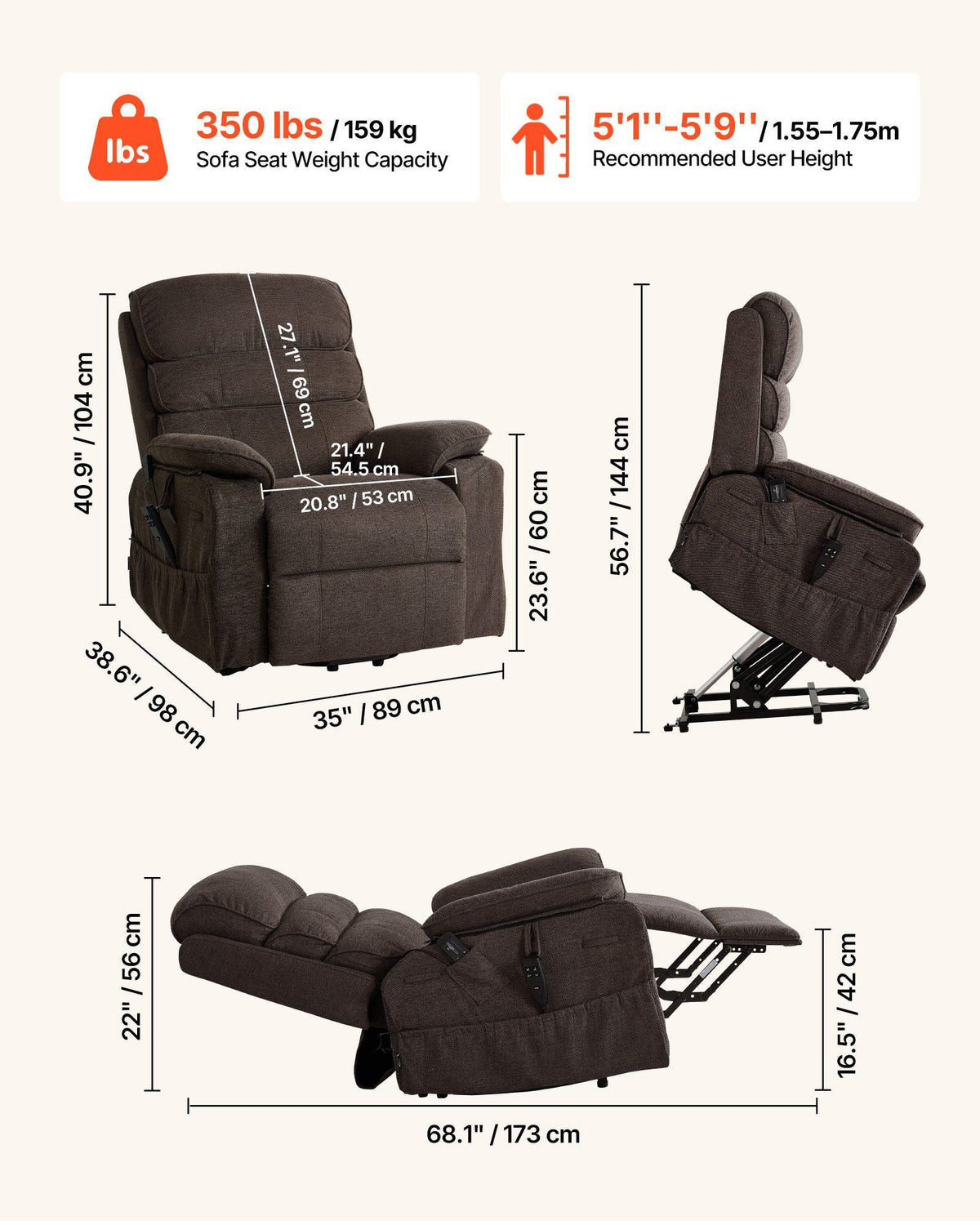 Power Lift Recliner Chair, Dual Motor Medium Lift Chair with Heat and Massage, Position Adjustable, Remote Control, with Side Pockets, Chenille Fabric, Brown