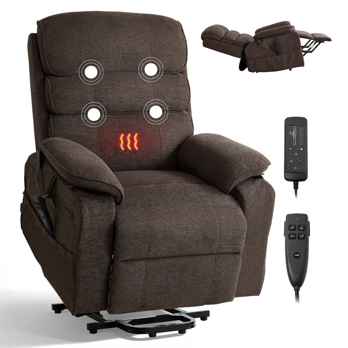 Power Lift Recliner Chair, Dual Motor Medium Lift Chair with Heat and Massage, Position Adjustable, Remote Control, with Side Pockets, Chenille Fabric, Brown