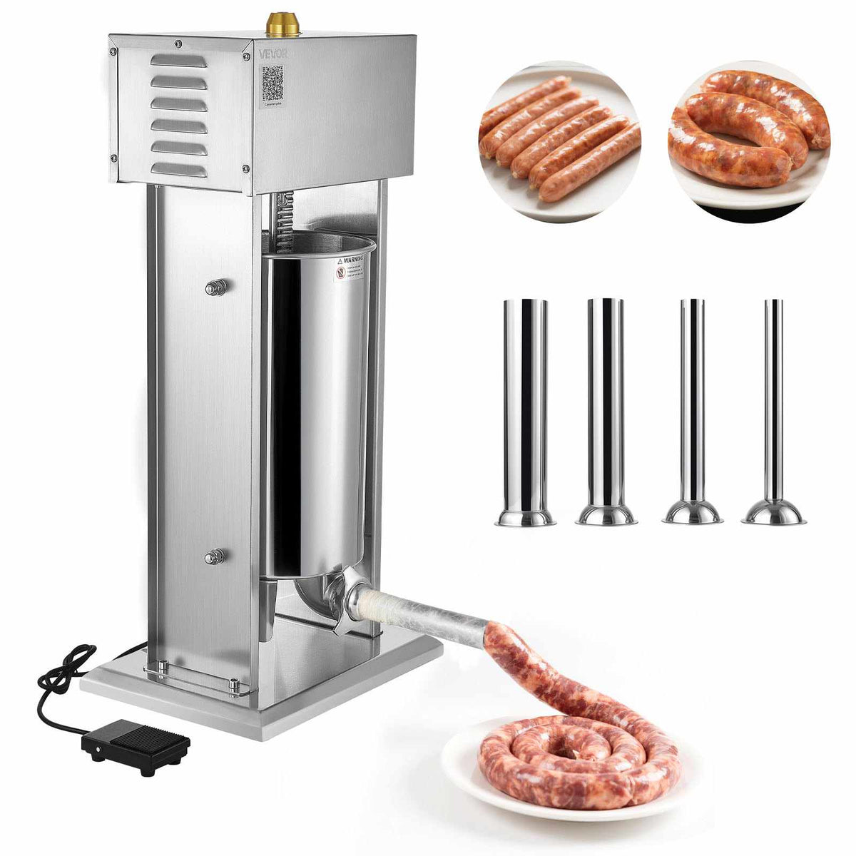 Electric Sausage Stuffer, 33 LBS / 15 L Vertical Meat Stuffer, Stepless Speed Control and Foot Pedal, Stainless Steel Heavy Duty Sausage Filler with 4 Stuffing Tubes, for Commercial & Home Use