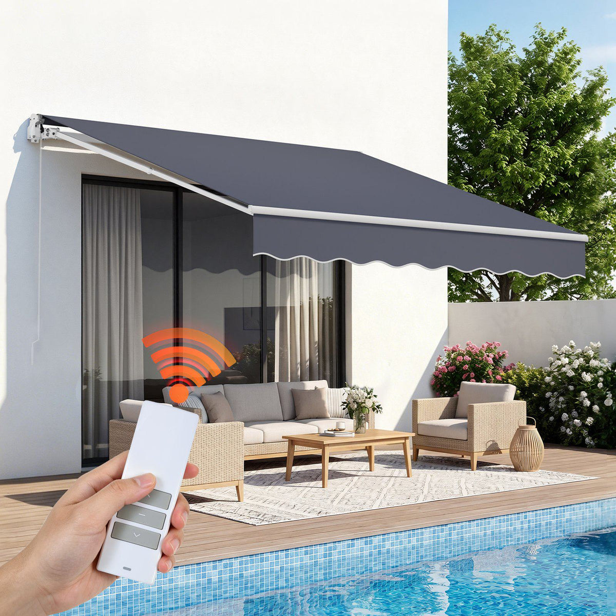 Electric Retractable Awning, 9.8' x 8.2' Motorized Patio Awning, Sunshade Shelter with Remote Controller & Manual Crank Handle, Waterproof Polyester Fabric for Outdoor Deck, Balcony, Yard, Gray