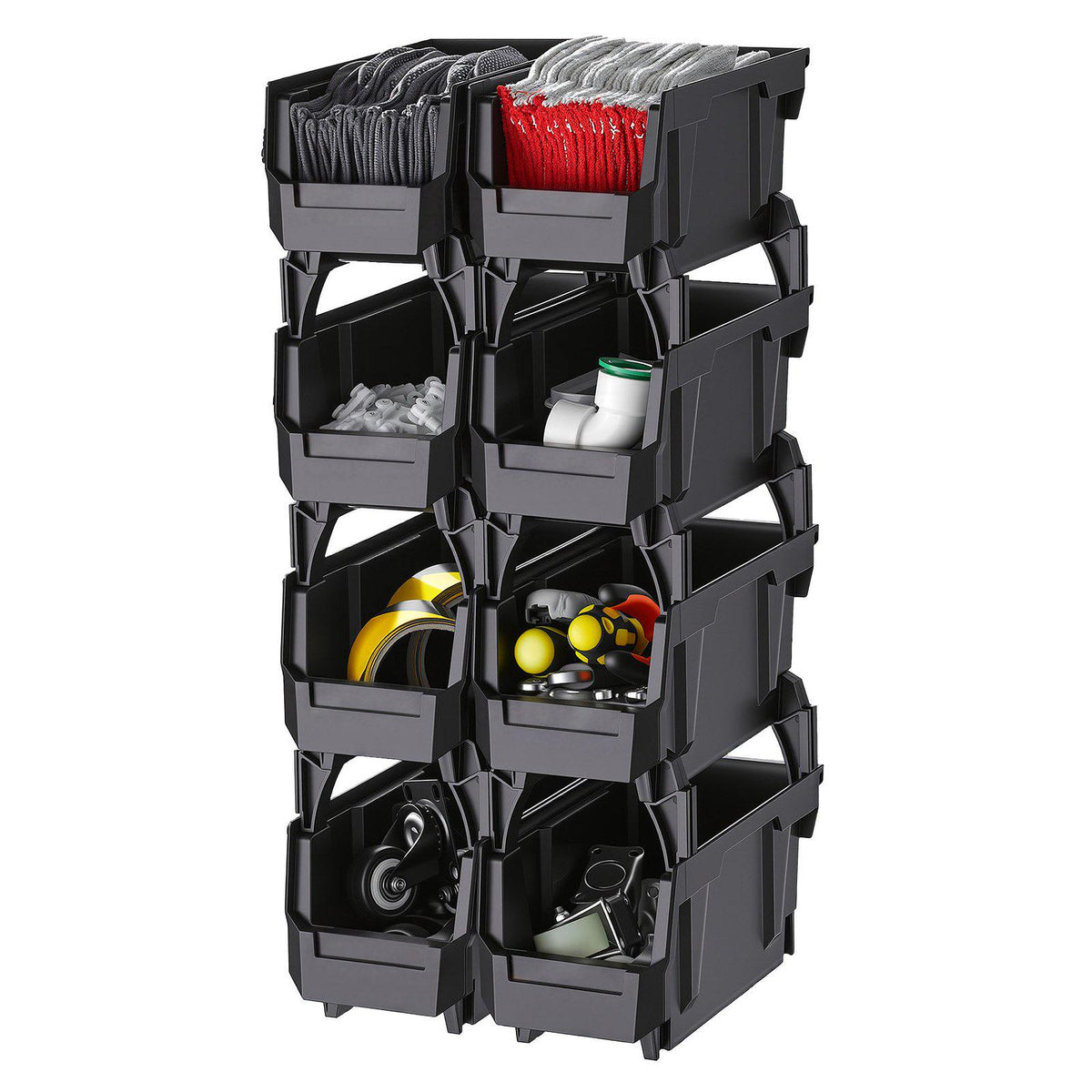 Plastic Stackable Storage Bins, 10.9 x 5.5 x 5.1 inch (8 Pack), Plastic Containers for Organizing and Storage Bins for Closet, Garage, Small Parts, Office Supplies and Other Accessories, Black