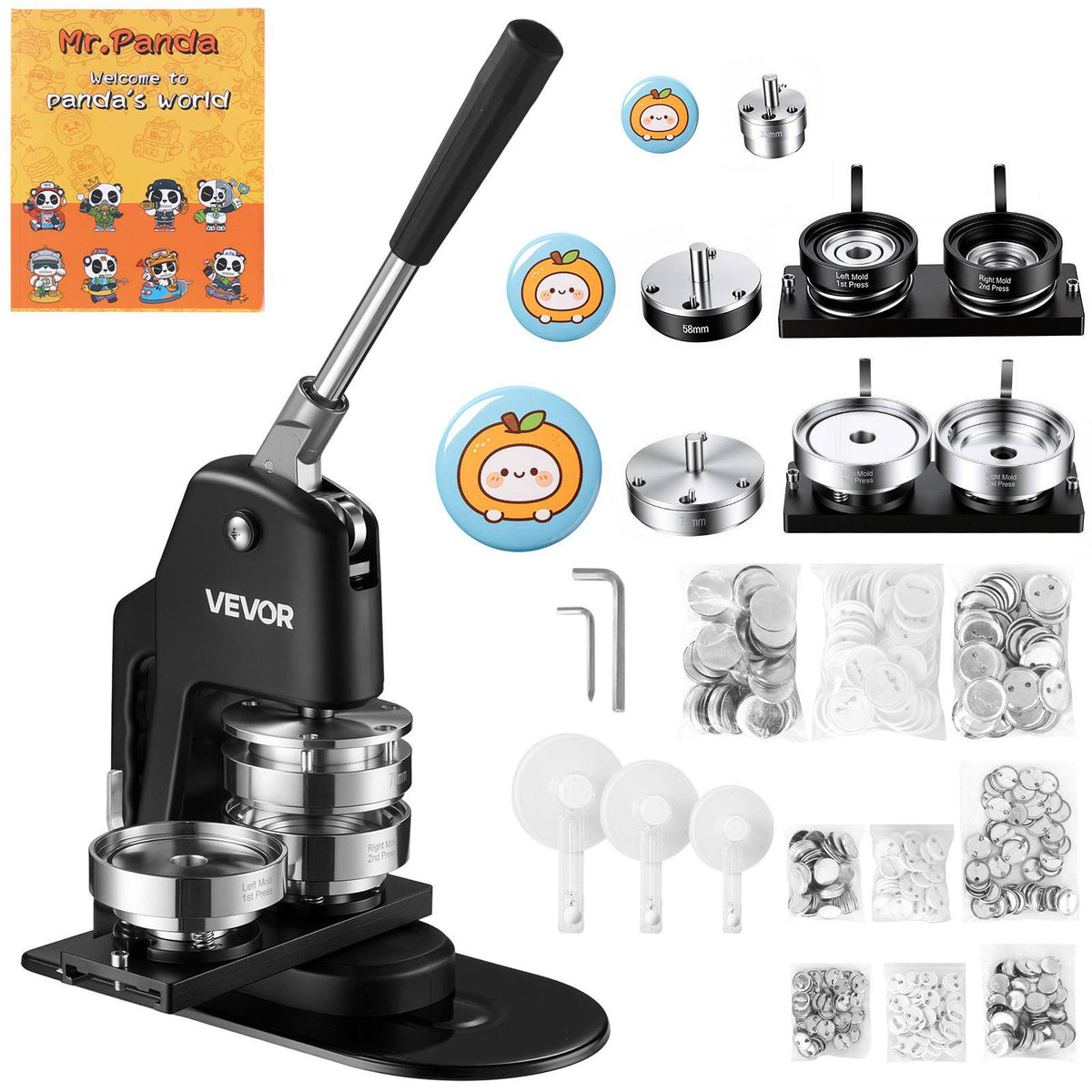 Button Maker Machine 1.25"/2.25"/3"(32/58/75 mm) 3-in-1 Pin Maker, with 300pcs Button Parts, Circle Cutter, Magic Book, Ergonomic Handle, for DIY Badges, Pins, Fridge Magnets and Key Chains