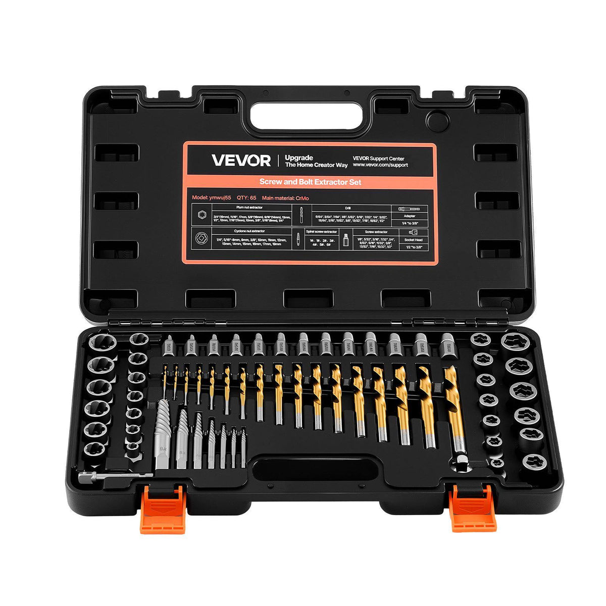 Screw Extractor Set with Drill Bits, 65 Pieces, Easy Out Nut Bolt Extractors and Drill Bits, with Adapters, Solid Storage Case, Cr-Mo Steel for Removing Rounded, Broken, or Stripped Fasteners