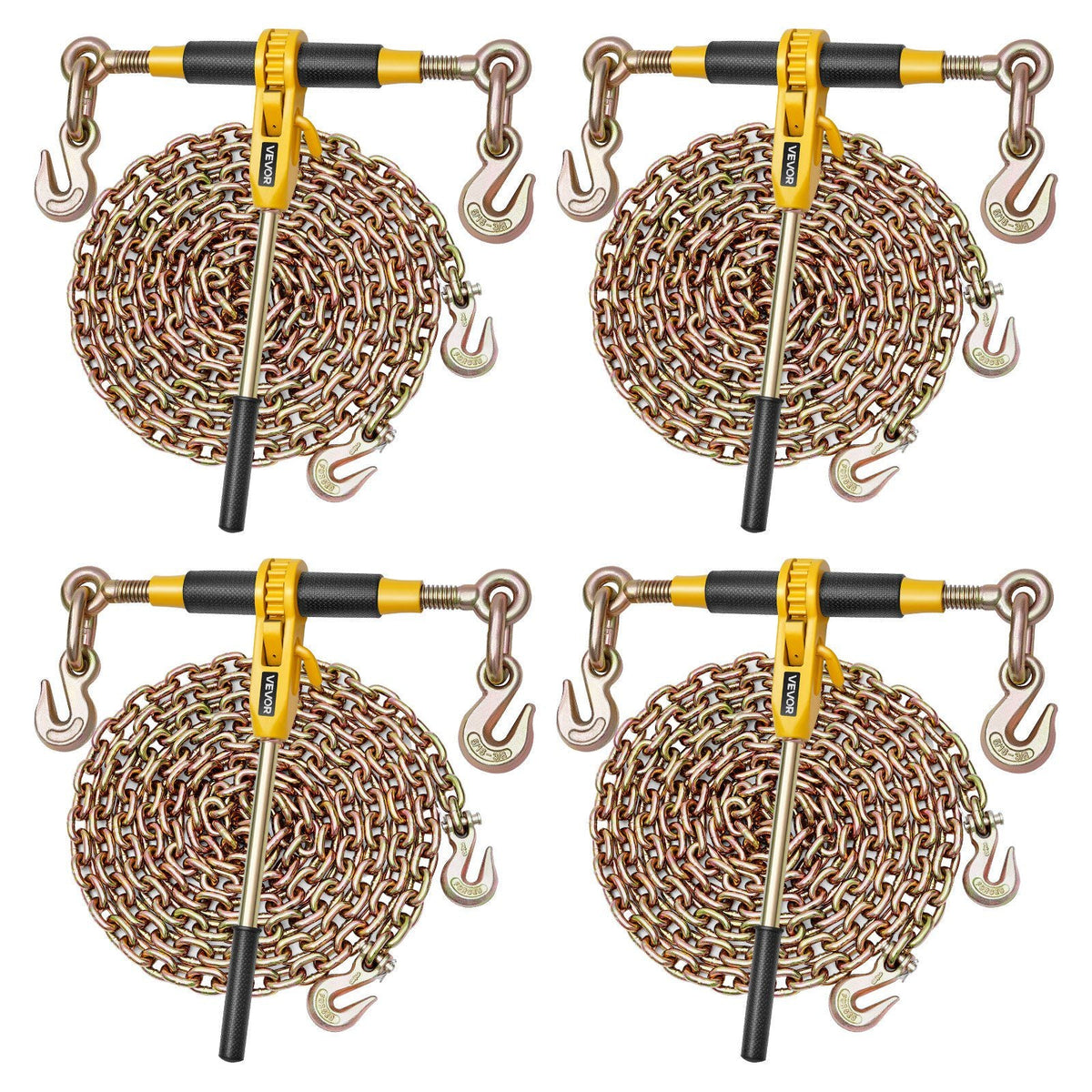 Ratchet Chain Binder, 5/16 in x 12.8 ft G80 Chains, 8000 lbs Working Load of Ratchet Load Binder, Chains and Binders Set, Tie Down Hauling Chain Binders for Hauling, Towing, Logging (4 Sets)