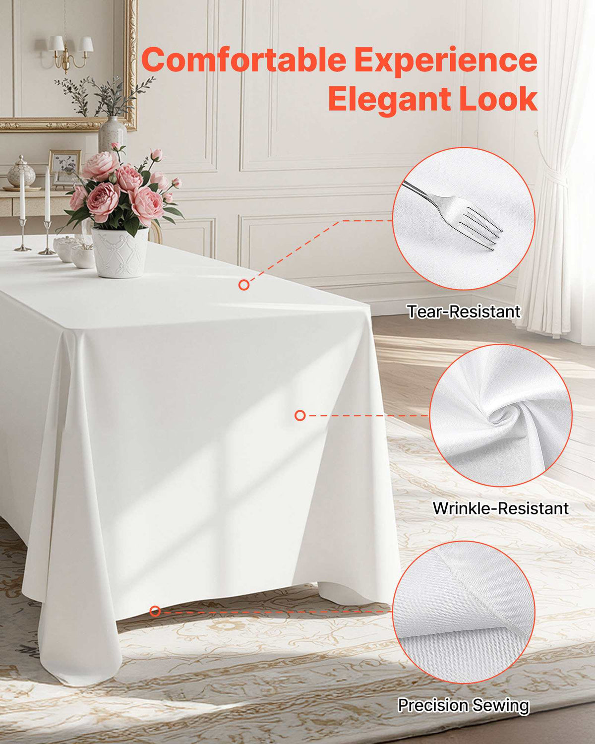 White Tablecloths for Rectangle Tables, 6 Pack, 90 x 132 Inches, Reusable and Machine Washable Table Clothes, Wrinkle-Resistant Polyester Fabric Table Covers for Wedding, Party, Banquet