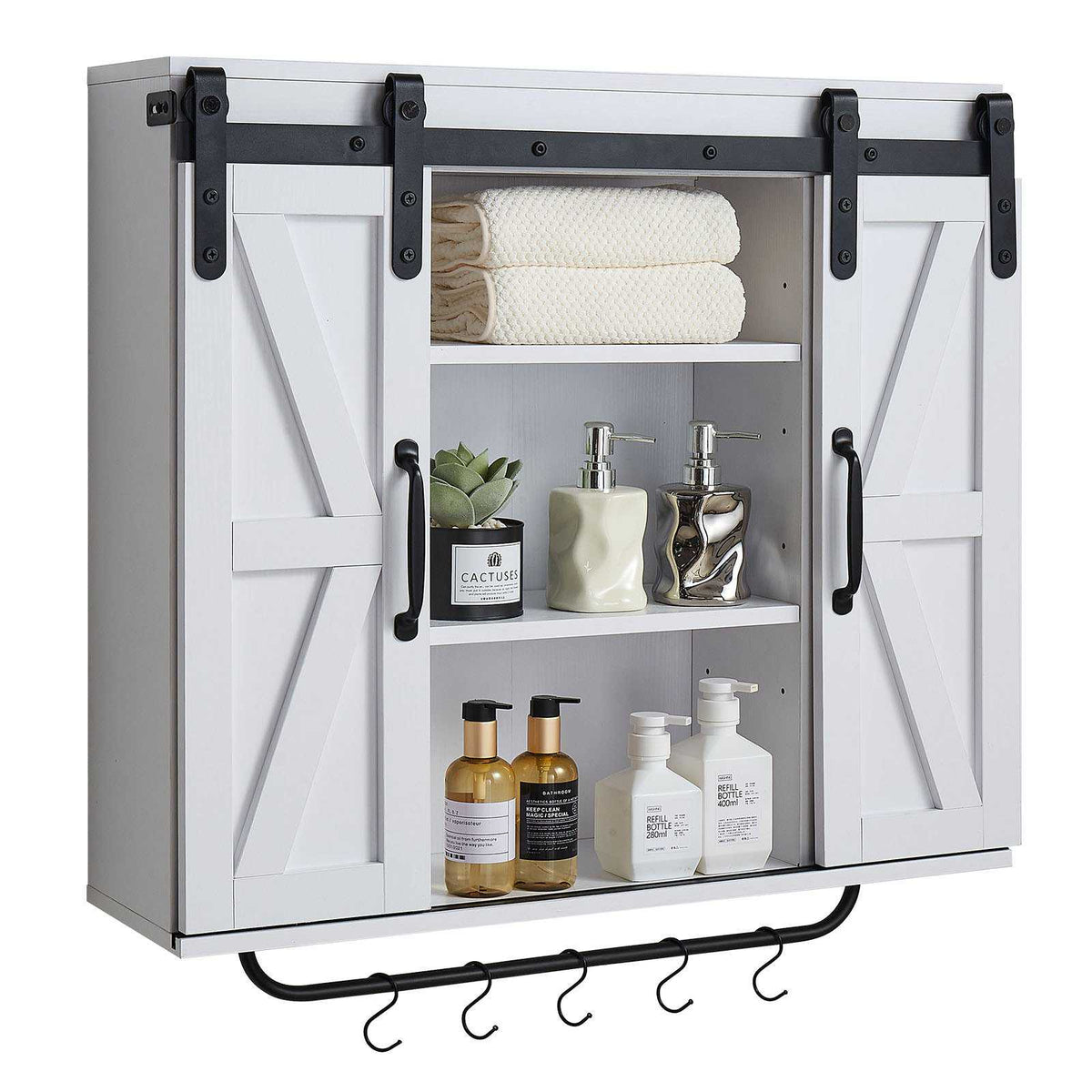 Bathroom Wall Cabinet, 2 Doors and Adjustable Shelf, Over the Toilet Storage Medicine Cabinet Wall Mounted, Hanging Organizer with Open Partition/Towel Bar/Hooks for Laundry Room Kitchen, White