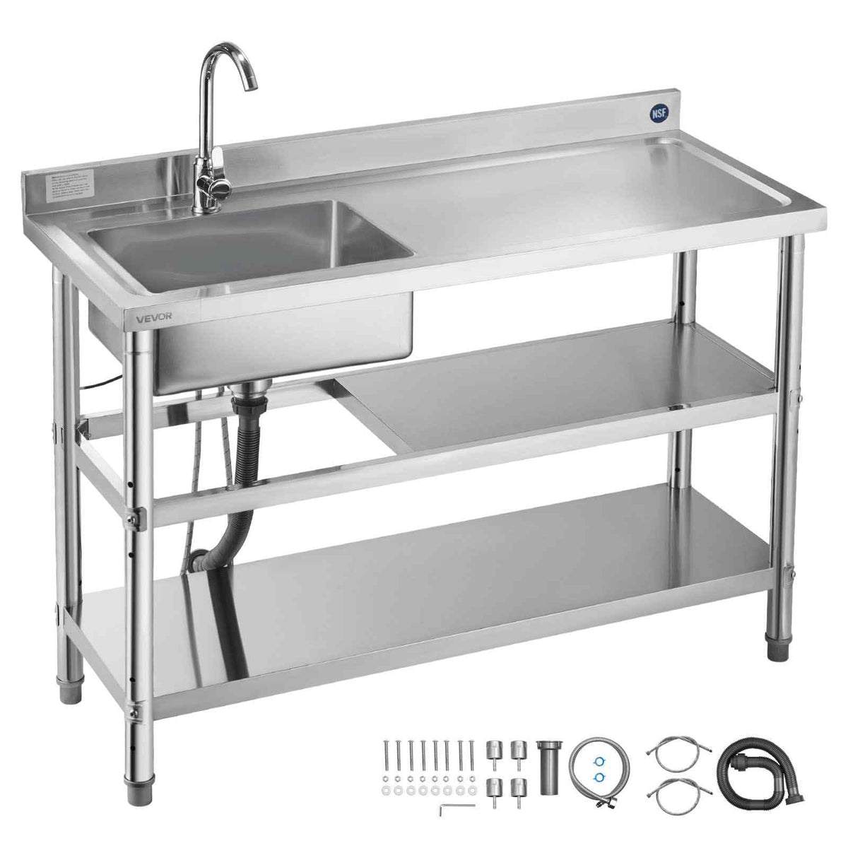 Stainless Steel Utility Sink, Free Standing Single Bowl Commercial Kitchen Sink with Faucet and Hot & Cold Water Pipe, Dual Storage Shelves for Garage, Restaurant, Laundry, 47.2 x 19.7 x 37 in