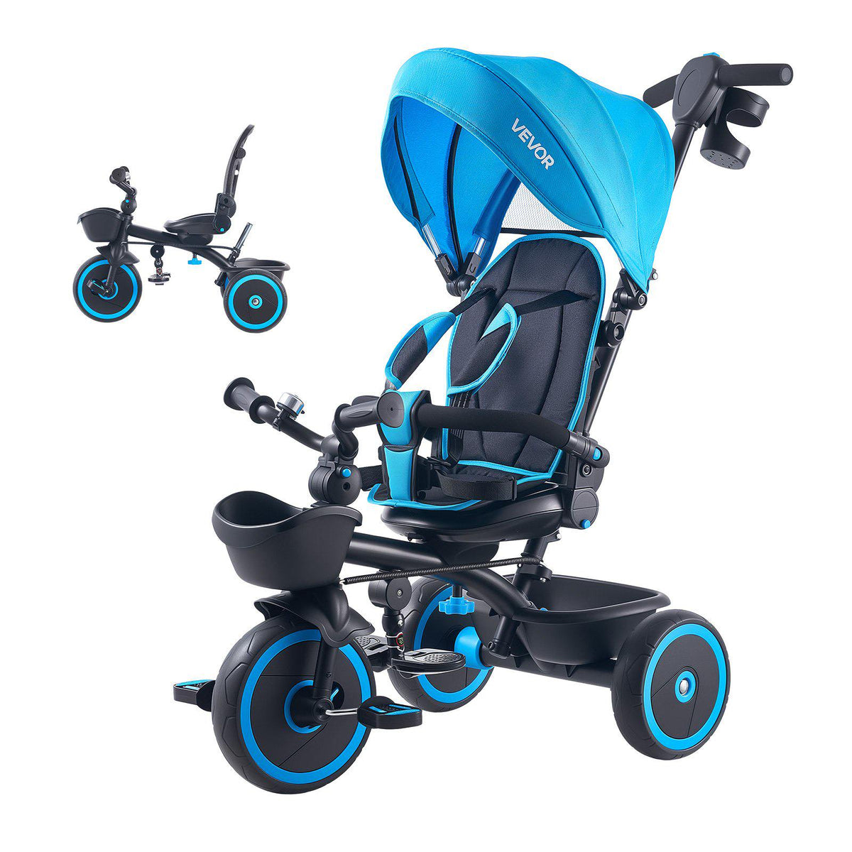 Toddler Tricycle & Stroller for 1-5 Year Old, 6-in-1 Kids Trike with Parent Push Handle, Canopy, Adjustable Seat and Storage, Tricycle for Toddlers, Birthday Toy for Boys and Girls, Blue/Black