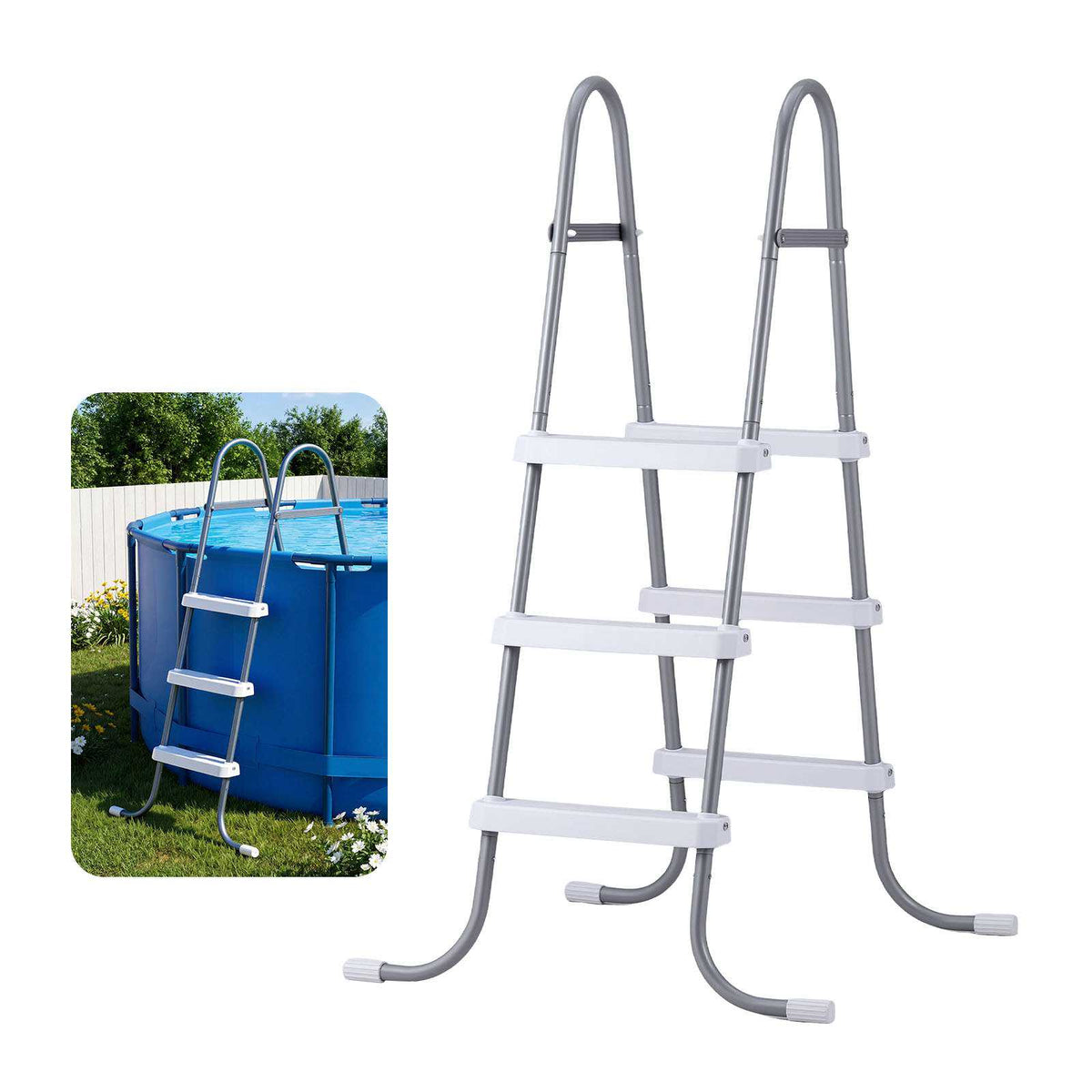 Above Ground Pool Ladder, 3-Step Steel A-Frame Swimming Pool Stairs for 42 in High Wall, 300 lbs Capacity Entry/Exit Steps with Secure Non-Slip Sturdy Wide Step, Easy Setup, Gray & White