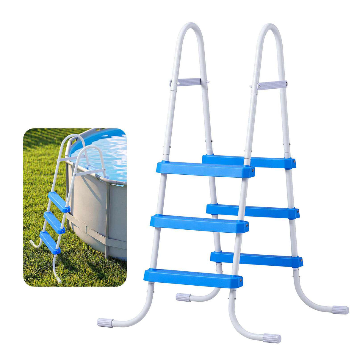 Above Ground Pool Ladder, 3-Step Steel A-Frame Swimming Pool Stairs for 36 in High Wall, 300 lbs Capacity Entry/Exit Steps with Secure Non-Slip Sturdy Wide Step, Easy Setup, White & Blue