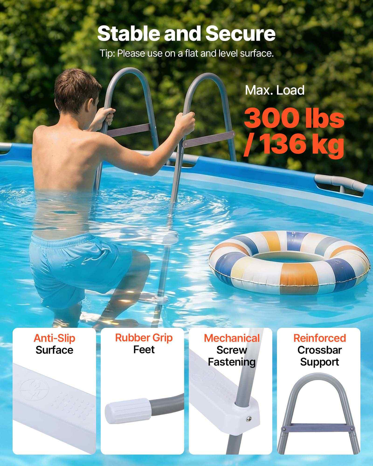 Above Ground Pool Ladder, 4-Step Steel A-Frame Swimming Pool Stairs for 48 in High Wall, 300 lbs Capacity Entry/Exit Steps with Secure Non-Slip Sturdy Wide Step, Easy Setup, Gray & White