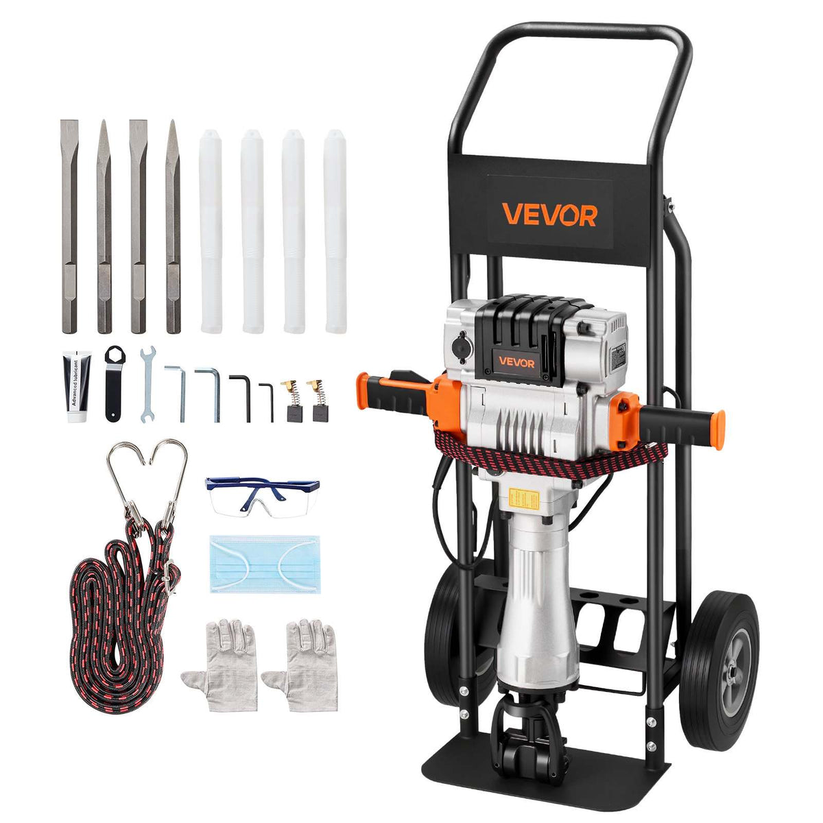 Demolition Jack Hammer, 2100 W Powerful Electric Jackhammer, 1650 BPM Concrete Breaker with 2 Point Chisels, 2 Flat Chisels, Hand Trolley, Gloves, for Concrete, Wall, Brick, Tile and Foundation