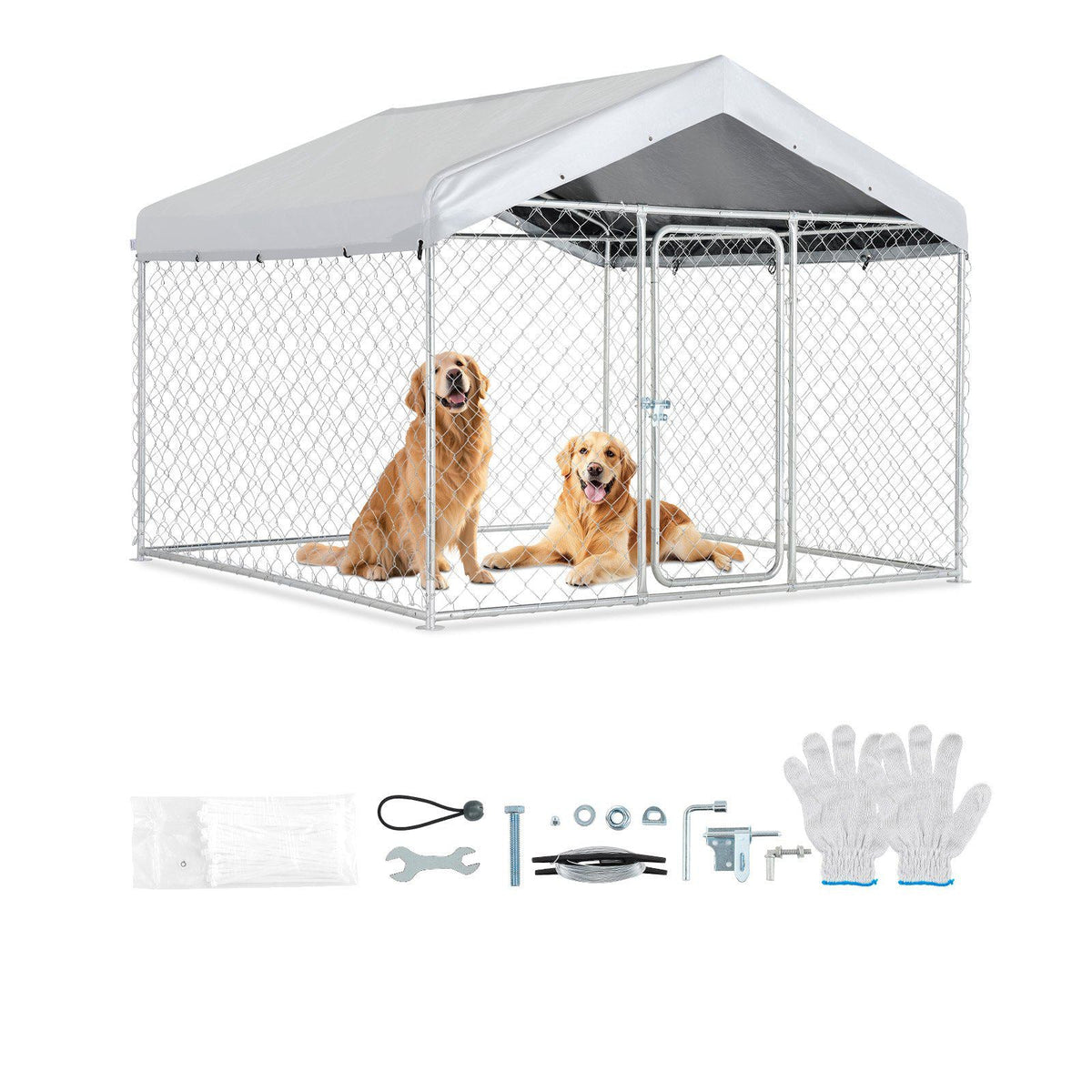 Outdoor Dog Kennel, 6.56 x 6.56 x 5.25 ft Large Dog Kennel with Secure Lock, Outside Dogs Enclosures with UV-Resistant & Waterproof Roof Cover, Heavy Duty Pet Crate Cage Run for Large Dogs
