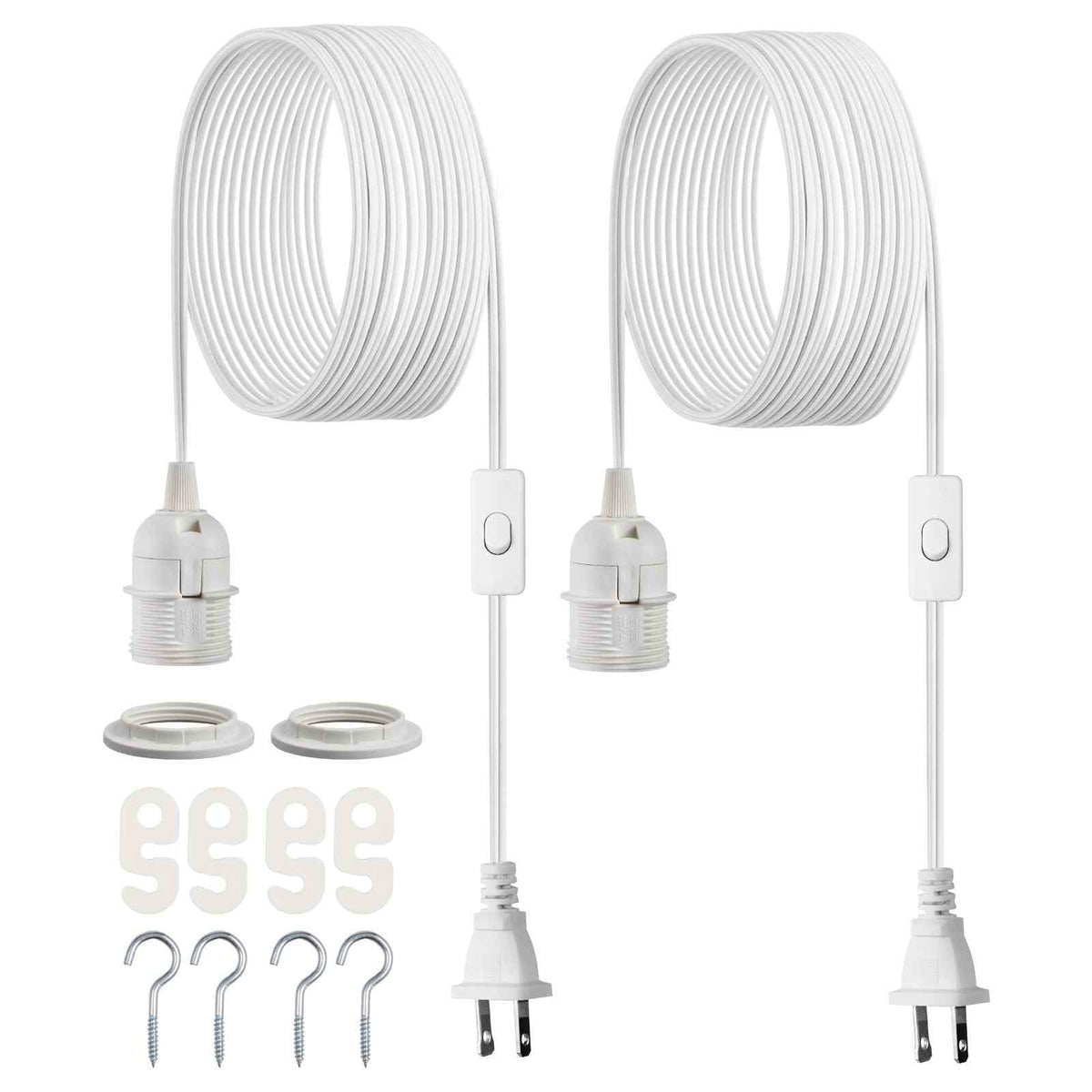 Plug in Hanging Light Cord Kit, 16ft Lantern Extension Cords, 2 Pack E26 Light Socket Lamp Cord Replacement, Secure & Sturdy, Easy to Install, Pendant Lamp Kit On/Off Switch & Socket Rings