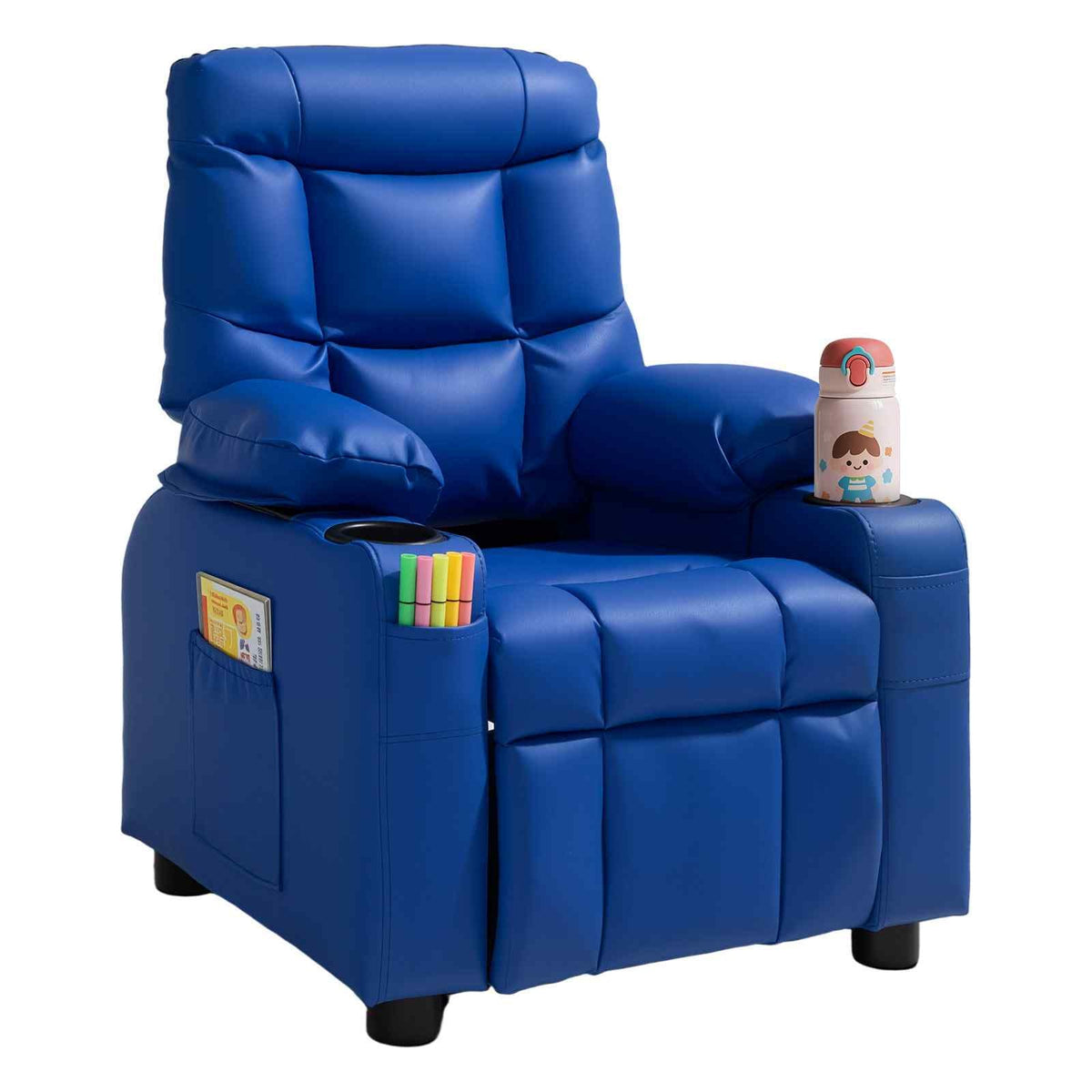 Kids Reclining Chair, Toddler Recliner with 2 Cup Holders and 4 Pockets, 107° to 126° Adjustable Back, Easy-to-Clean PU Leather Recliner Couch with Footrest, for Boys, Girls & Children (Blue)