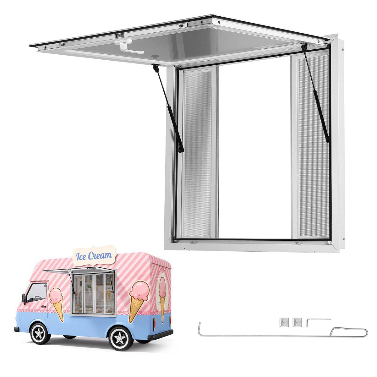 Concession Window 36x36 in Aluminum Alloy Frame Service Window, for Food Truck, Up to 85 Degrees Stand Serving with 4 Sliding Screen Windows, Awning Door and Drag Hook, Rainwater Resistant