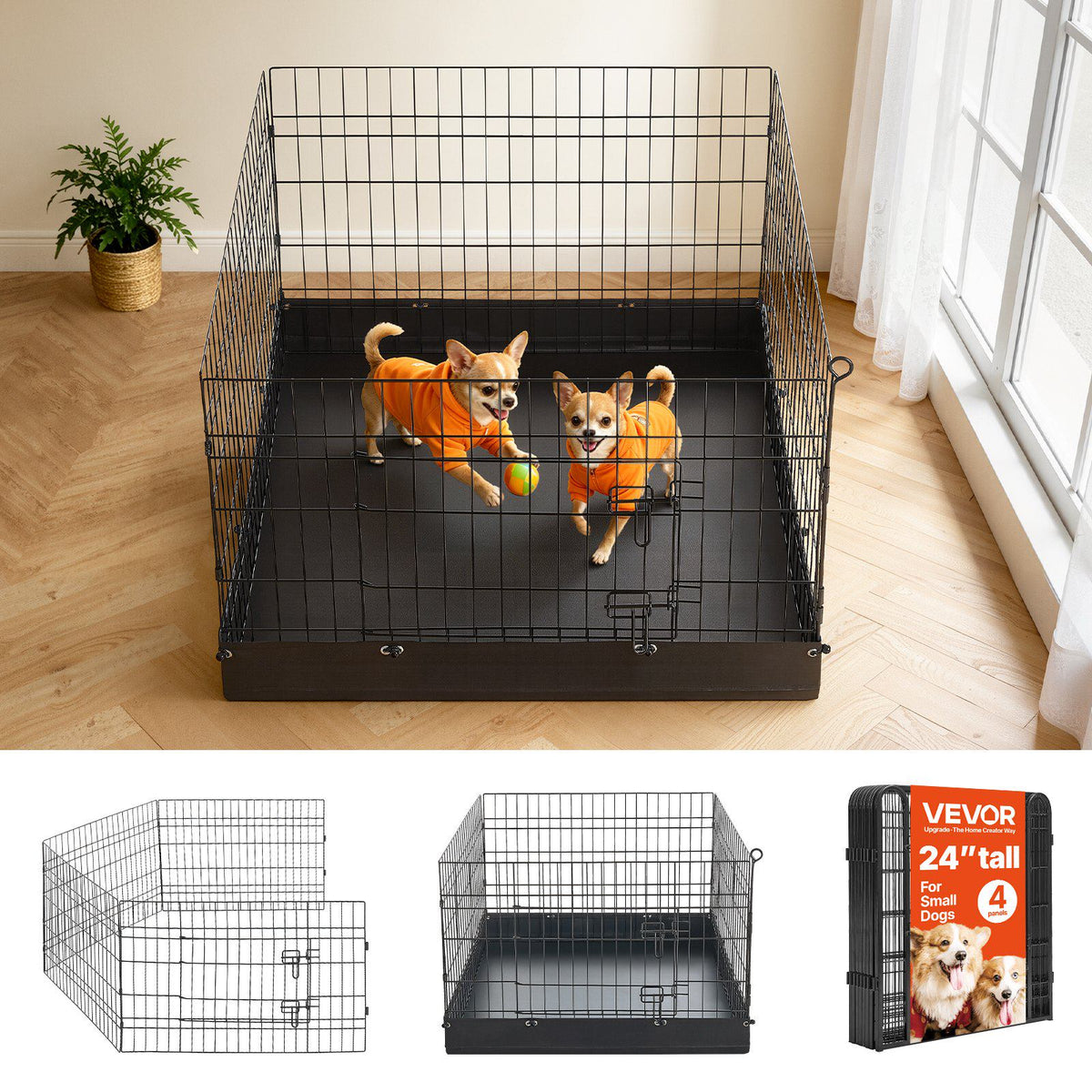 Dog Playpen 24 Inch 4 Panels Foldable Exercise Pen with Bottom Pad, Indoor Metal Pet Fence with Door, Heavy Duty Puppy Crate Kennel, Pet Playpen for Dogs, Cats, and Other Small Animals, Black