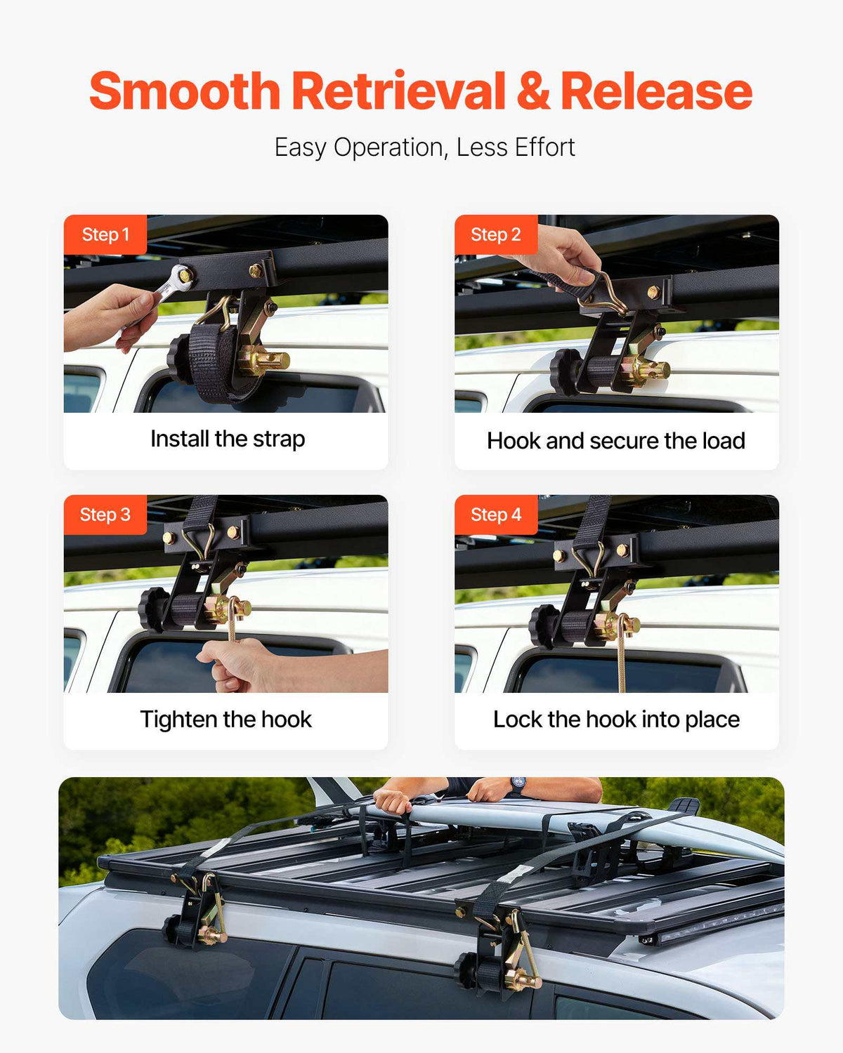 Ladder Rack Ratchet Straps, Black Square Tube Mount, 1.5 in Wide x 7.4 ft Long Black Ladder Rack Straps with Double J-Hooks, 500 lbs Load Heavy Duty, Cargo Buckle Lock Strap (8 Pack)