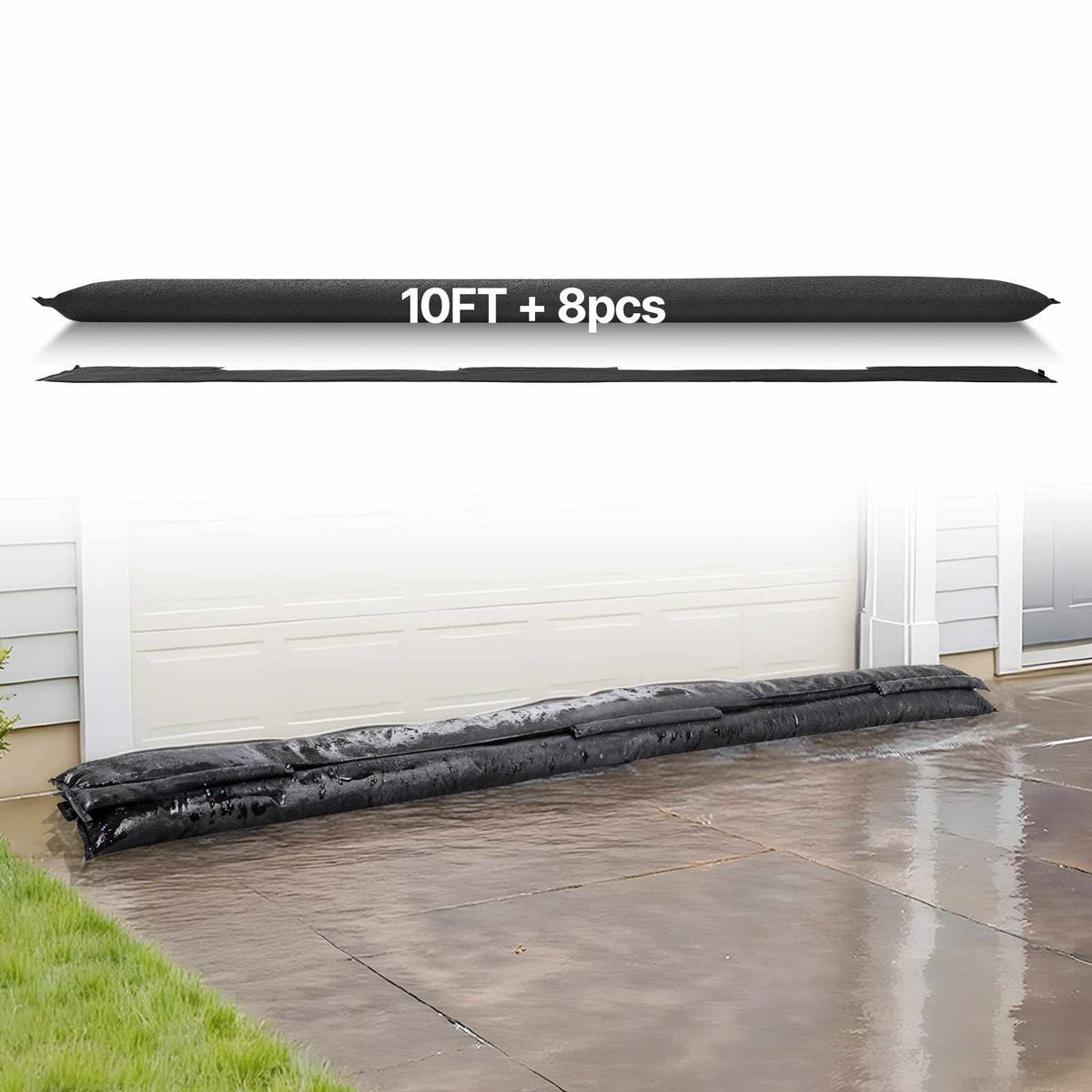 Flood Barrier, 8 Pack, 10 x 0.7 ft Flood Bags Activated by Water, Water Absorbent Barrier, Sandless Sandbags Blockage, Flooding Prevention Bags for Home, Doorway, Basement, Garage