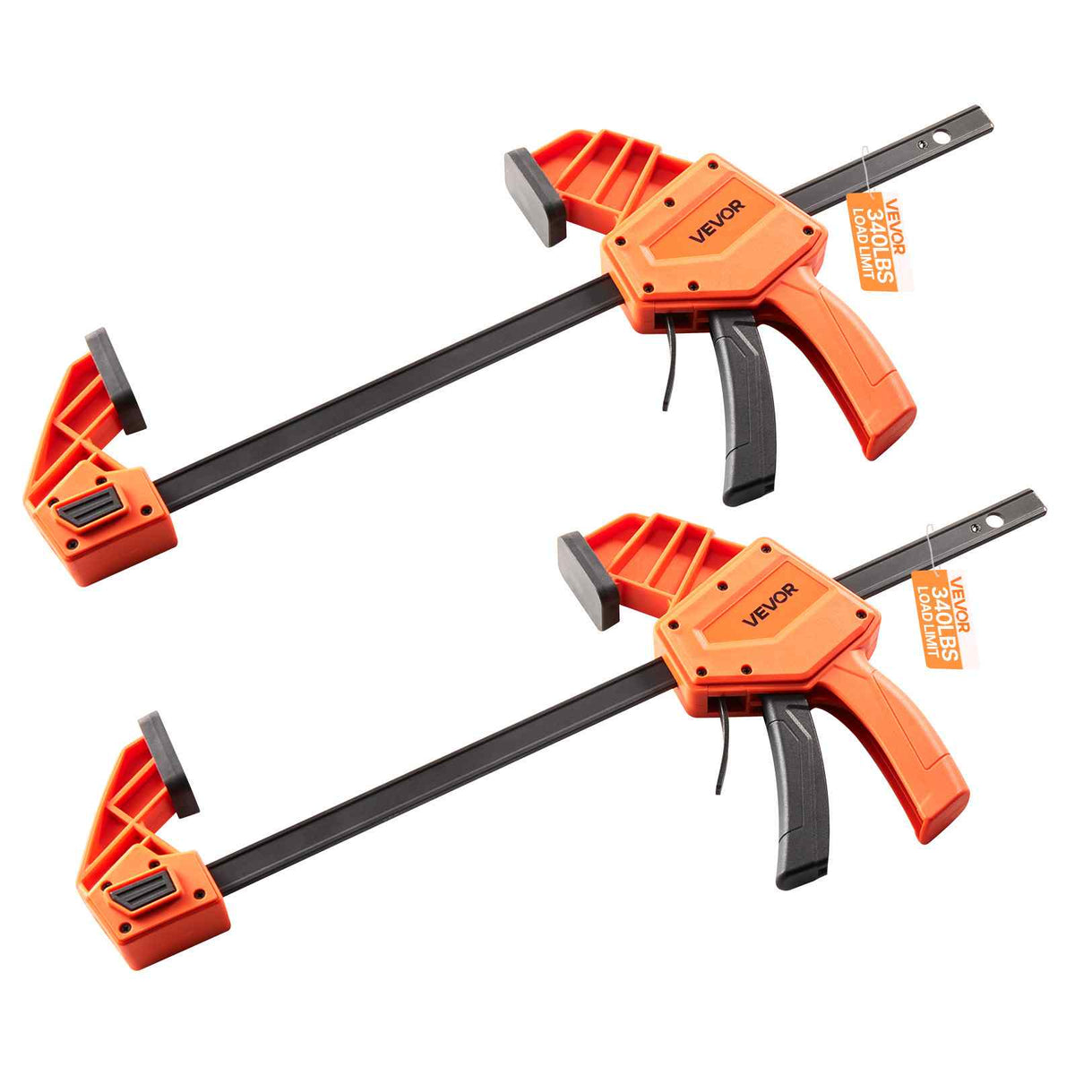 Bar Clamps for Woodworking, 2-Pack 12 inch One-Handed Clamp/Spreader, Quick-Grip F-Clamp with 340 lbs Load Limit, Premium Plastic and Carbon Steel, for Woodworking Metal working, Orange + Black