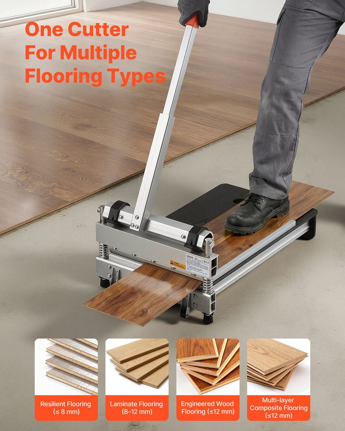 13 inch Vinyl Floor Cutter, 12mm Thick Laminate Flooring Cutter with 15°/30°/45° Adjustable Angle Settings, Flexible Wheels, Telescoping Handle, Certain Engineered Wood, LVT, VCT, SPC, LVP, WPC