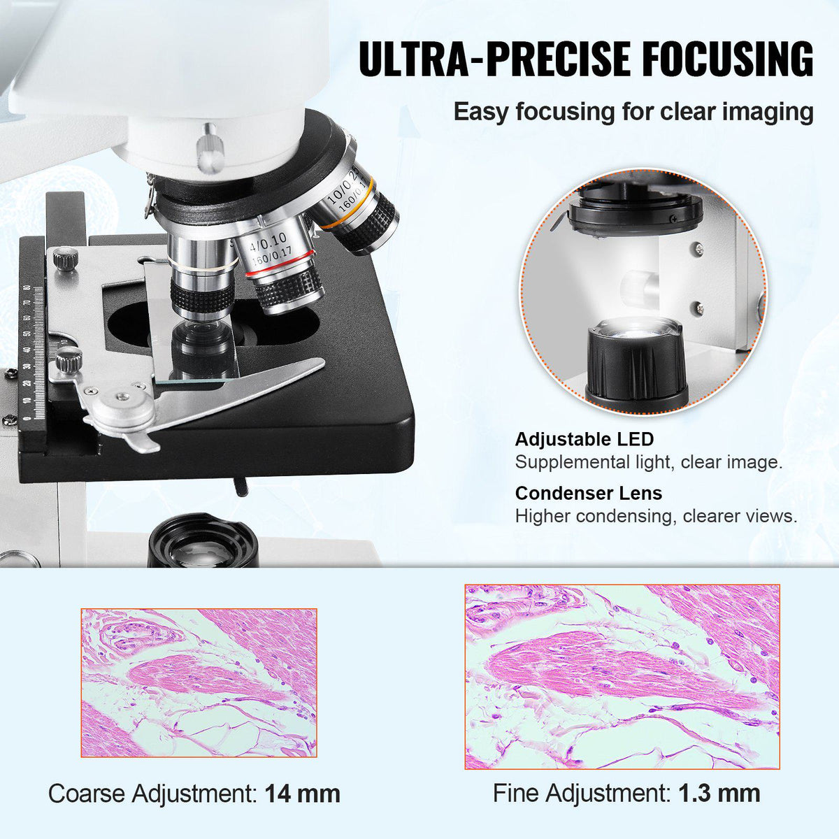 Compound Trinocular Microscope, 40X-5000X Magnification Trinocular Compound Lab Microscope with Two-Layer Mechanical Stage, External Interface, LED Illumination and Microscope Slides Included