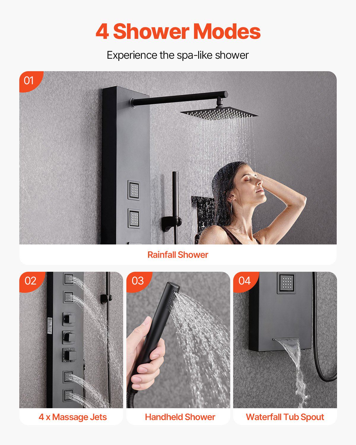 Shower Panel Tower System with Rainfall Shower Head, 49 in Brushed Stainless Steel Shower Column, 4-Function Faucet, Wall-Mount Rain Massage System, with 4 Body Jets,  Handheld, and Tub Spout