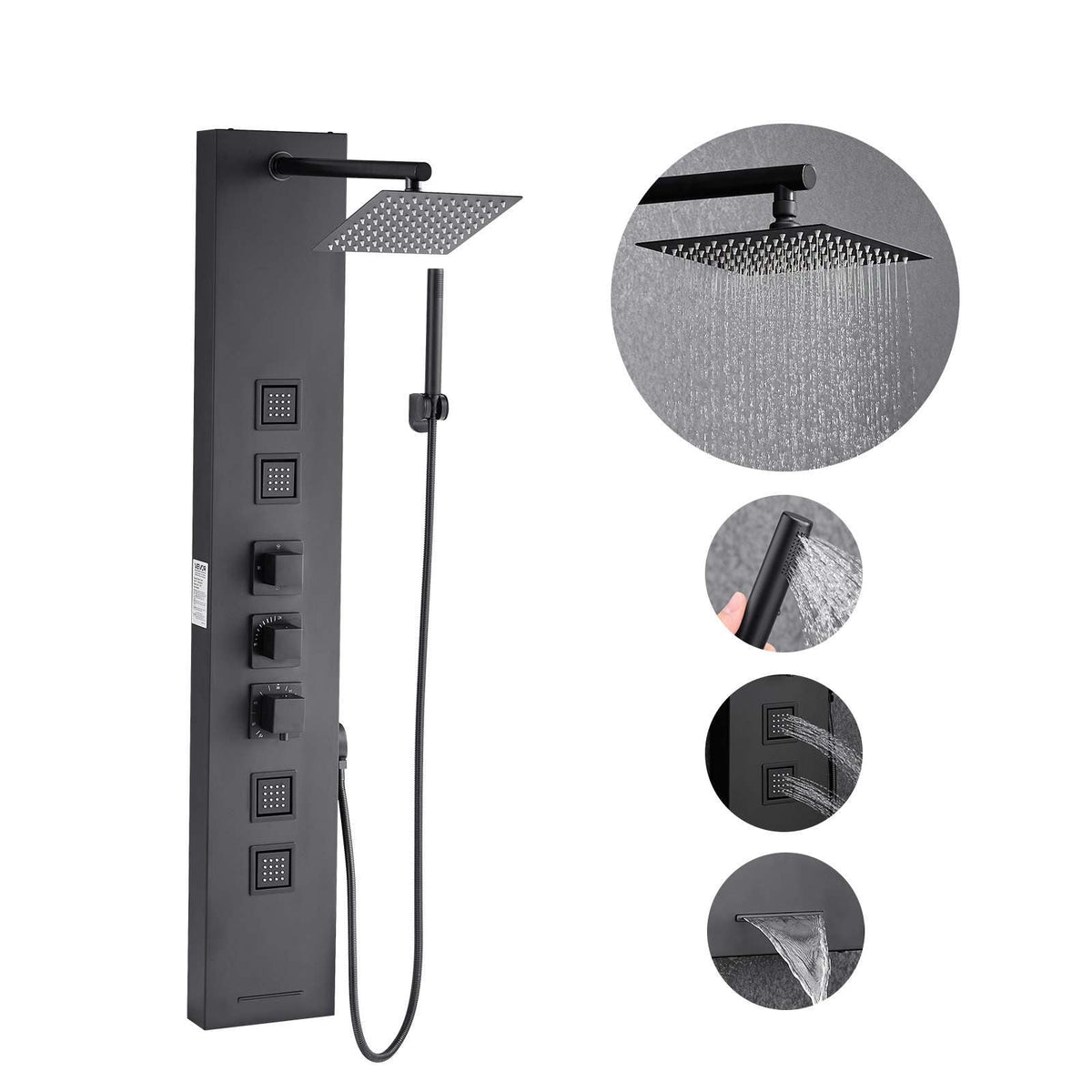 Shower Panel Tower System with Rainfall Shower Head, 49 in Brushed Stainless Steel Shower Column, 4-Function Faucet, Wall-Mount Rain Massage System, with 4 Body Jets,  Handheld, and Tub Spout