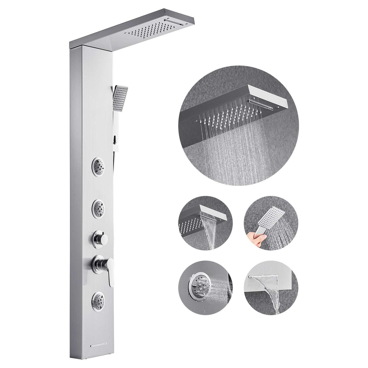 Shower Panel Tower System with Rainfall Waterfall Shower Head, 53 in Brushed Stainless Steel Shower Column, 5-Function Faucet, Wall-Mount Rain Massage System with 3 Body Jet, Handheld, Tub Spout