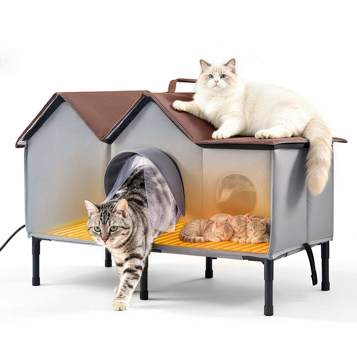 Elevated Heated Cat House 35W Insulated Kitty Shelter with Heated Pad, for Indoor Outdoor Winter Use, Double-Door & Private Side Curtain, Waterproof Weatherproof Stray Feral Shelter for Outside
