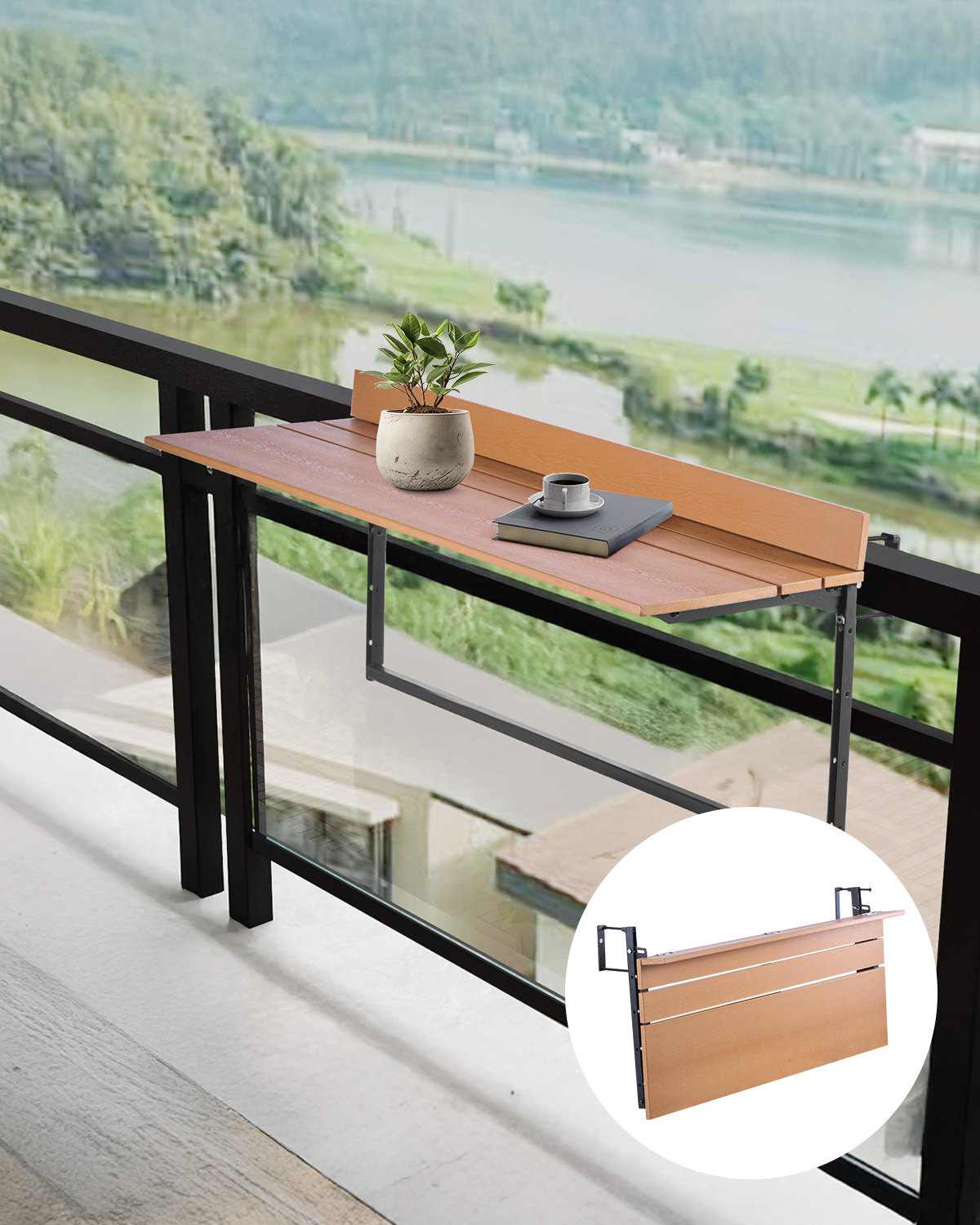 Balcony Hanging Table, 15 x 39 in Folding Balcony Railing Table, Outdoor Balcony Bar Table for Railings, 5-Level Adjustable, Fit Railing from 1" to 5.3", Serving Table for Patio & Deck