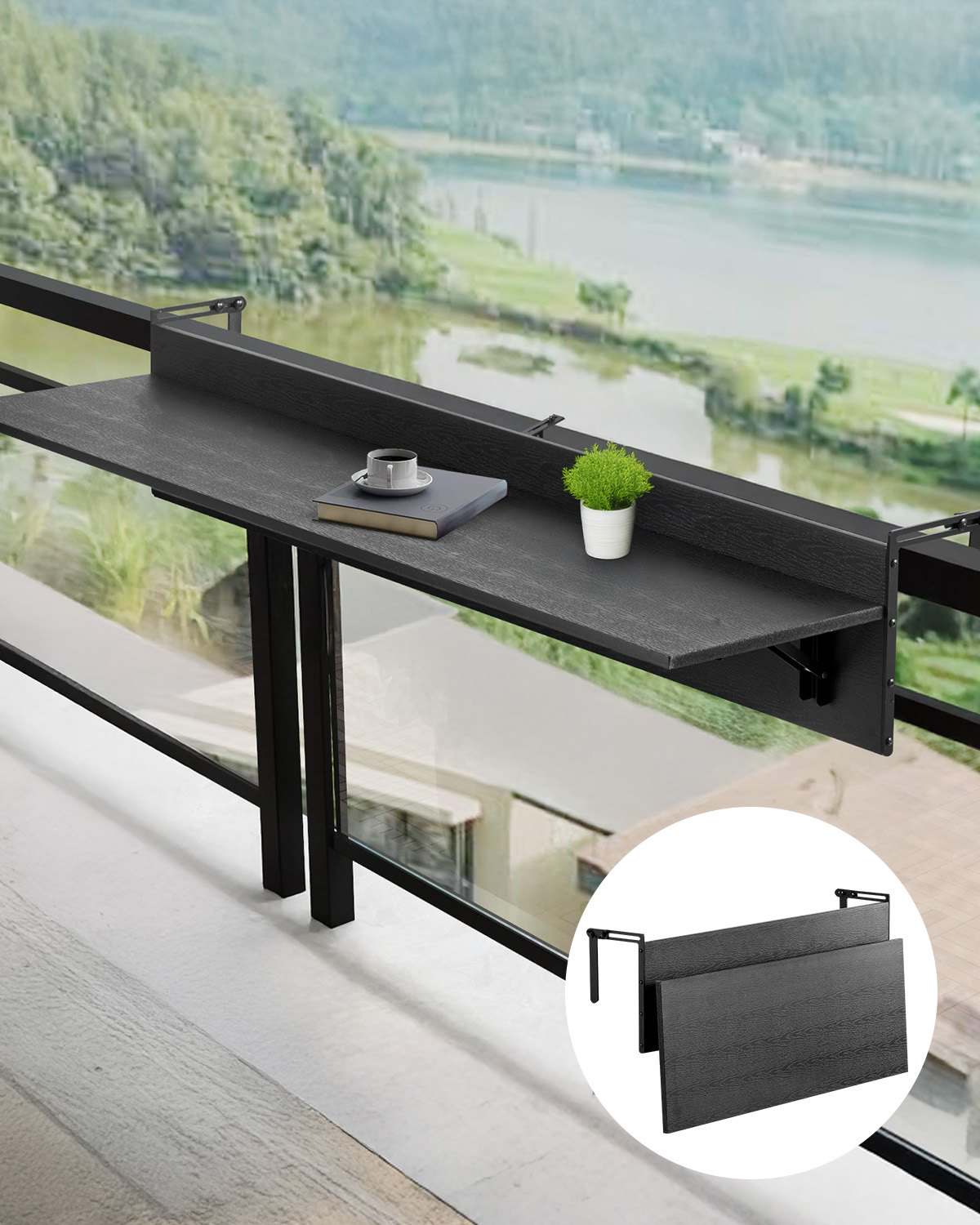 Balcony Hanging Table, 12 x 48 in Folding Balcony Railing Table, Outdoor Balcony Bar Table for Railings, 50 lbs Loading, Fit Railing from 1" to 4.3", Serving Table for Patio & Deck
